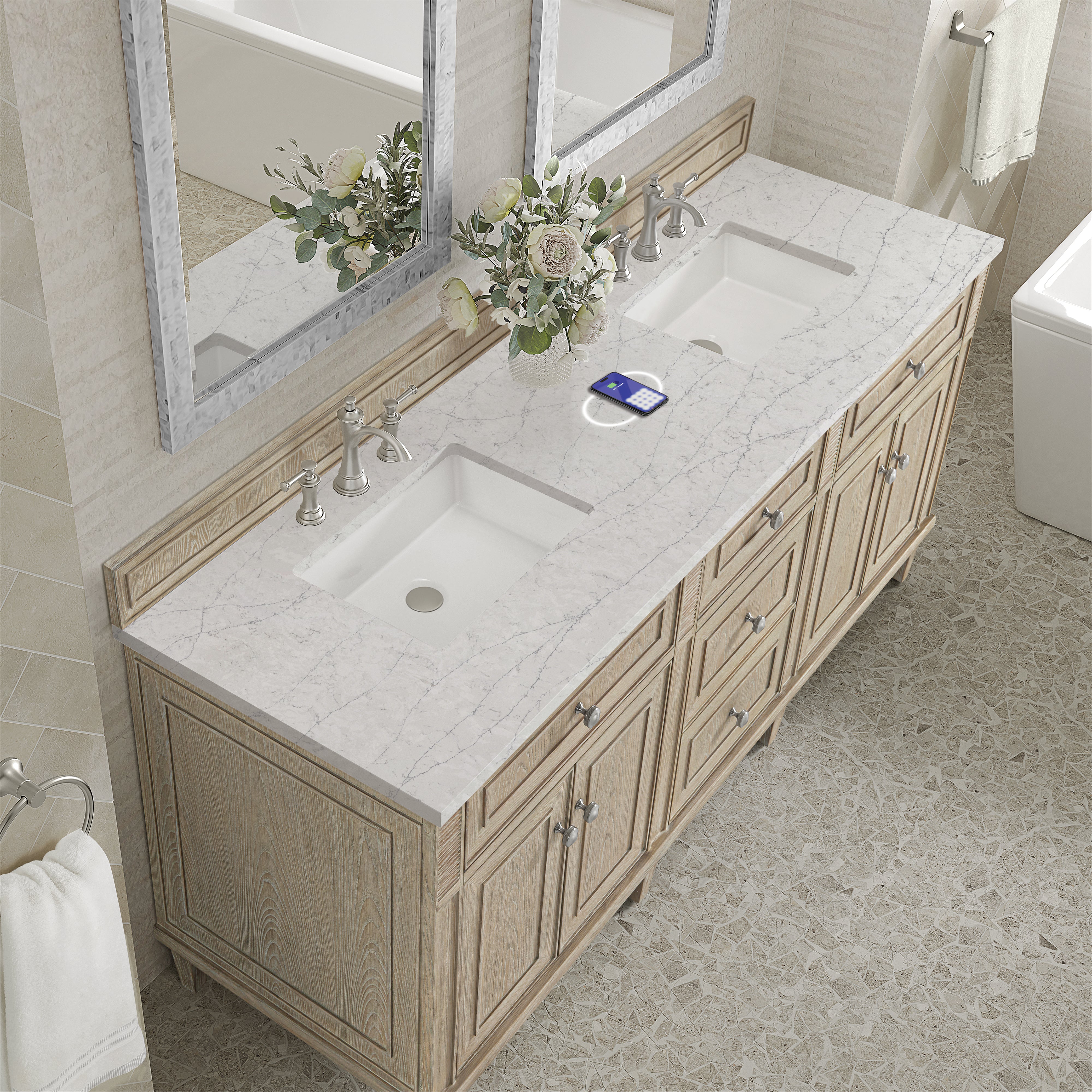 James Martin Lorelai 72" Double Vanity in Whitewashed Oak with 3cm Countertop and FreePower Wireless Charger