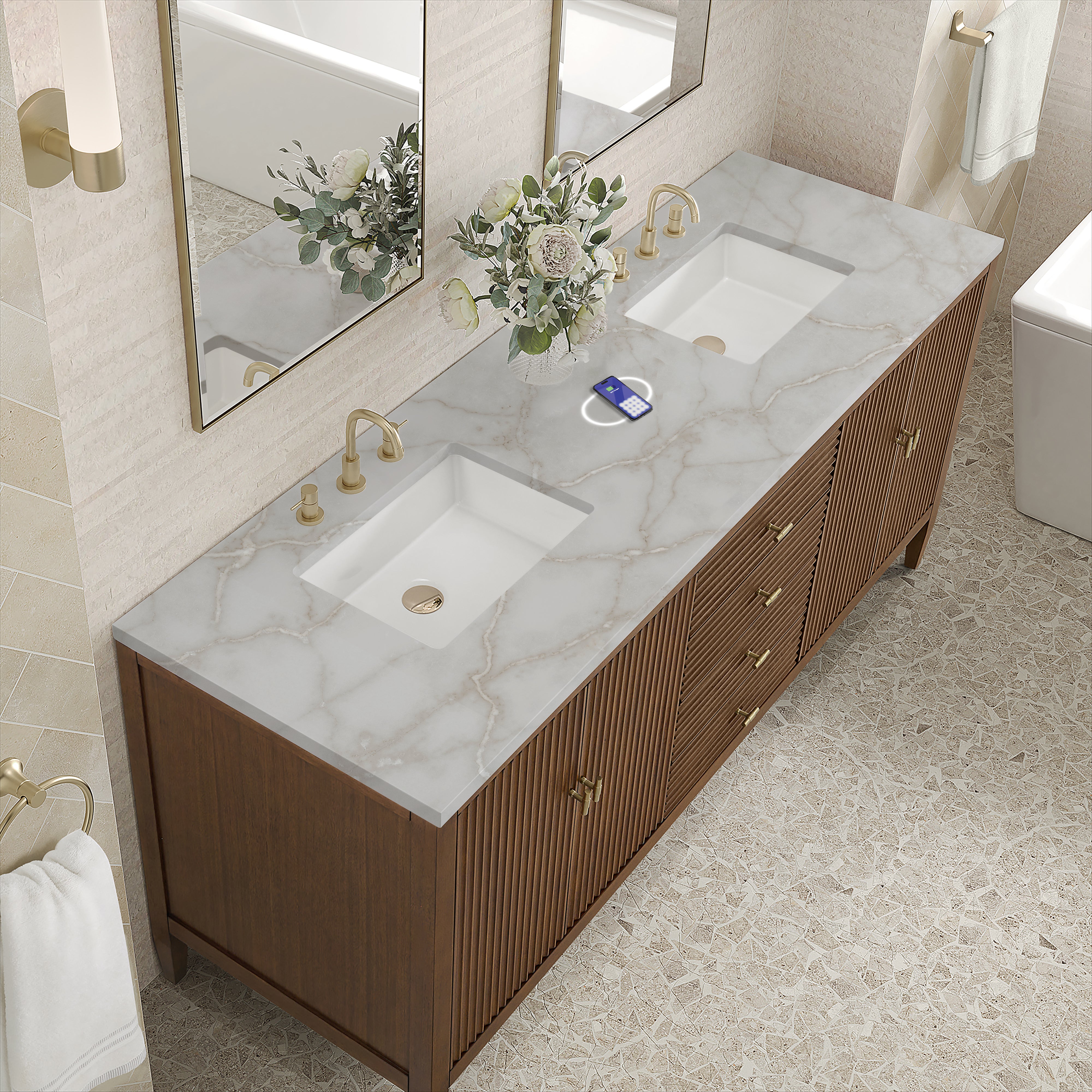 James Martin Myrrin 72" Double Vanity in Mid Century Walnut with 3cm Countertop and FreePower Wireless Charger
