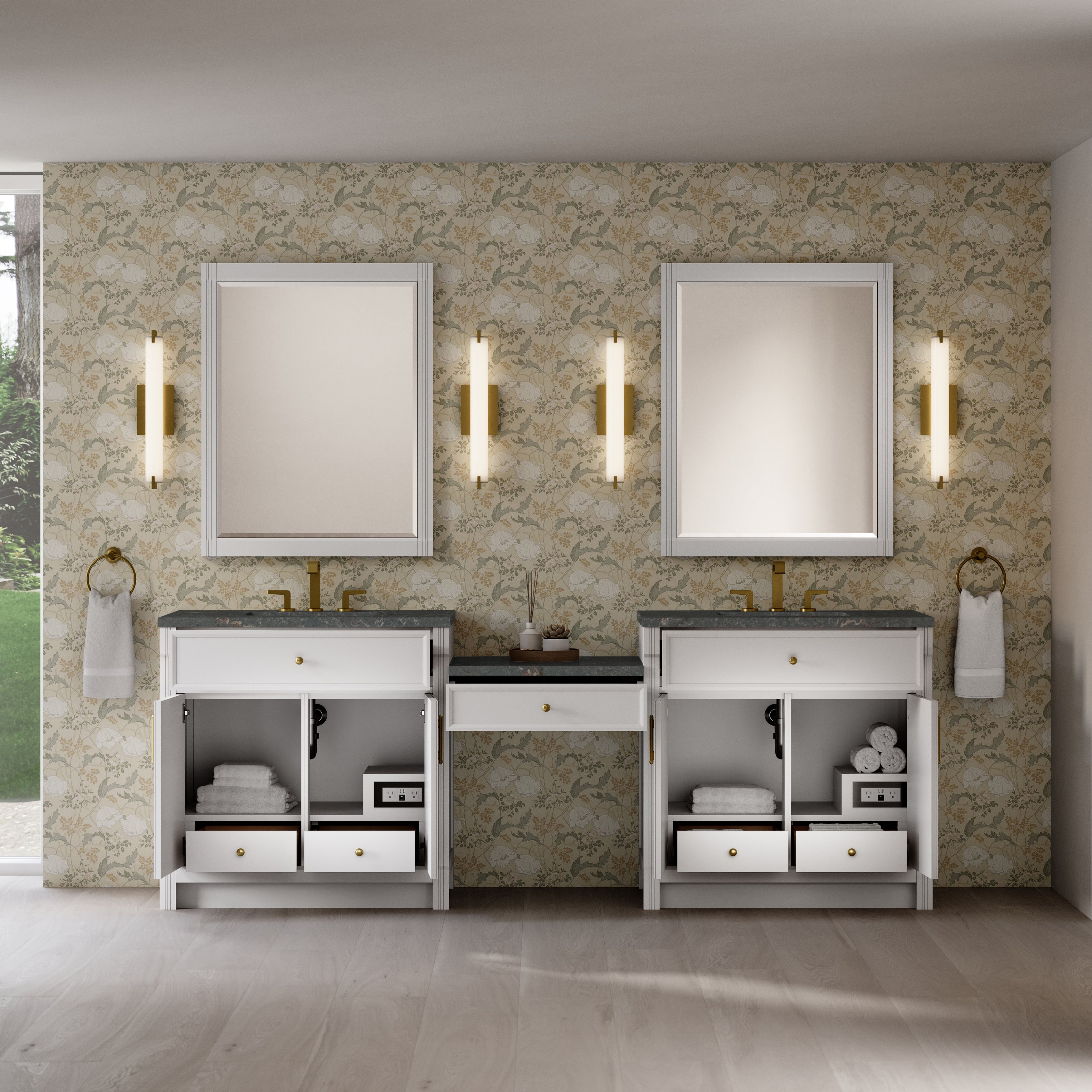 James Martin Bellshire 96" Dual Vanity Set with 24" Make-Up Counter in Bright White with 3cm Countertop