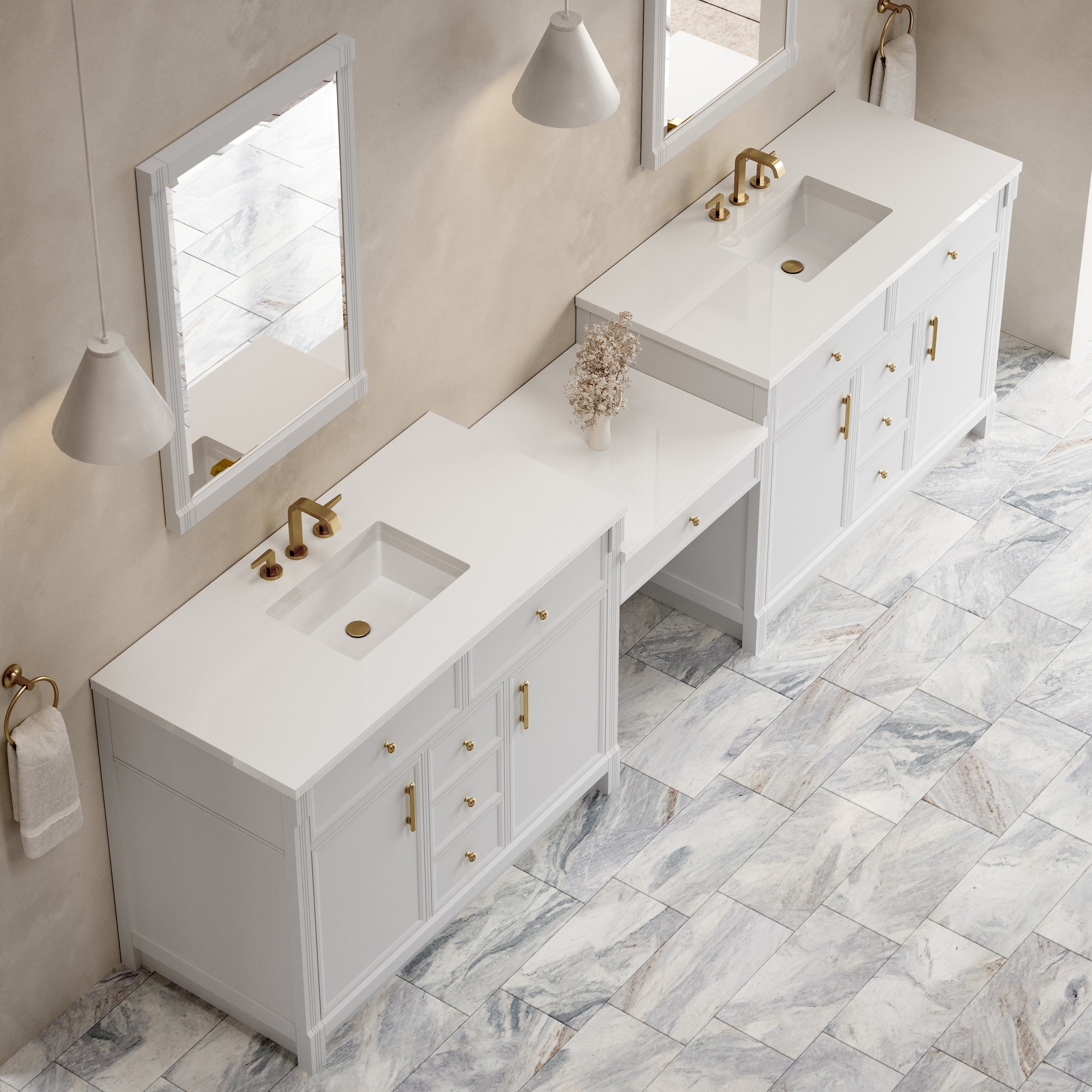 James Martin Bellshire 120" Dual Vanity Set with 24" Make-Up Counter in Bright White with 3cm Countertop