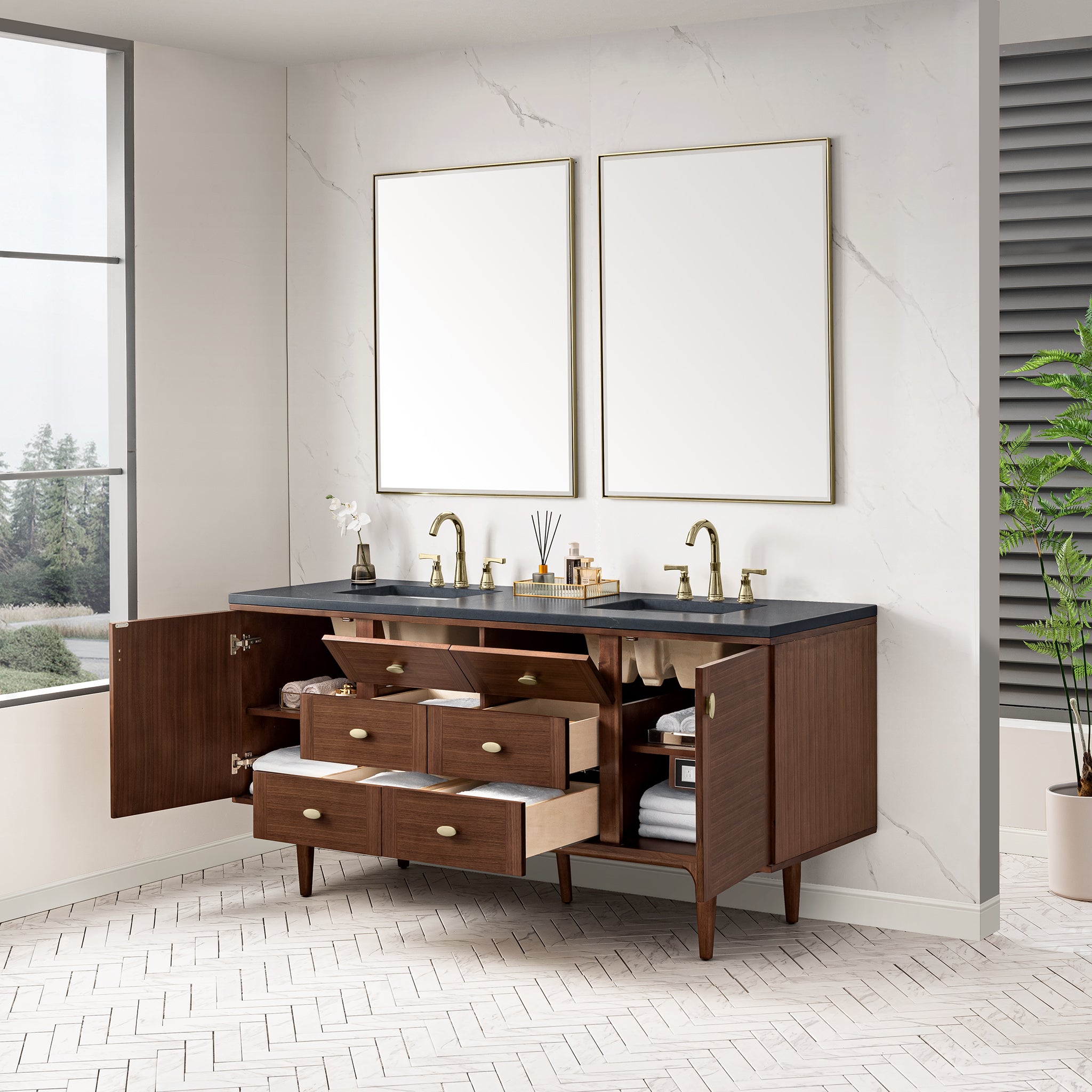 James Martin Amberly 72" Double Vanity in Mid-Century Walnut with 3cm Countertop