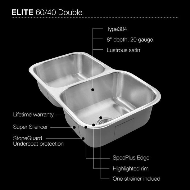 Houzer Elite 32" Stainless Steel Undermount 60/40 Double Small Left Bowl Kitchen Sink with Strainer