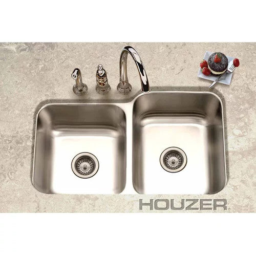Houzer Elite 32" Stainless Steel Undermount 60/40 Double Small Left Bowl Kitchen Sink with Strainer