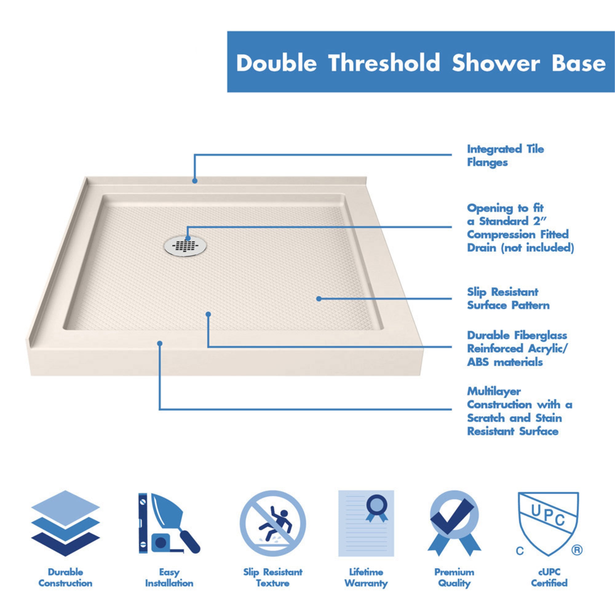 DreamLine SlimLine 42" D x 42" W Corner Shower Base