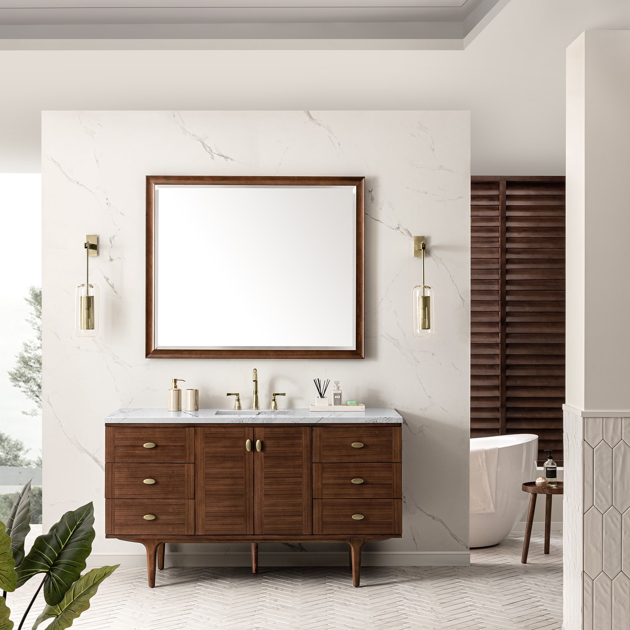 James Martin Amberly 60" Single Vanity in Mid-Century Walnut with 3cm Countertop and FreePower Wireless Charger