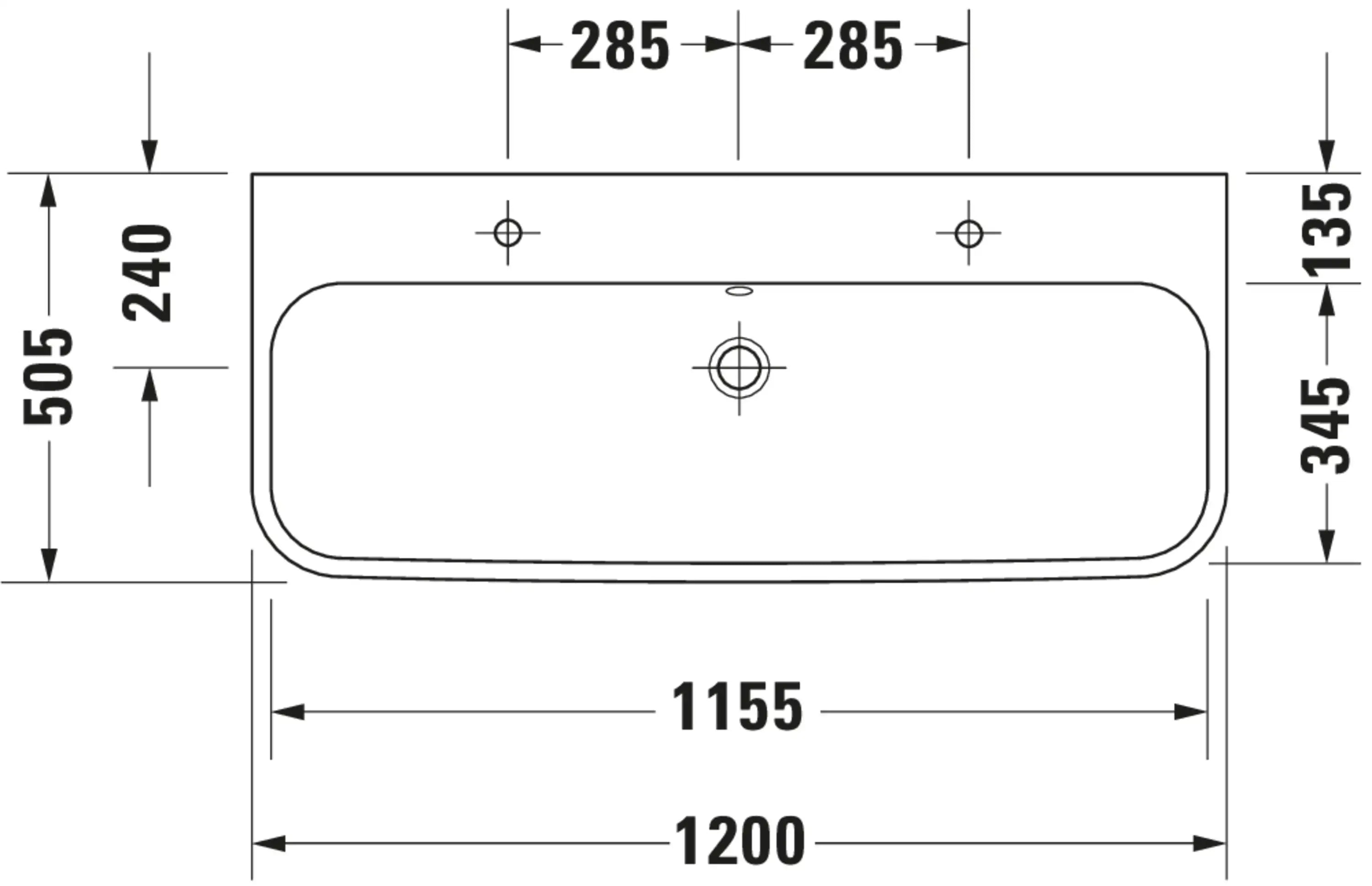 Duravit Happy D.2 47 1/4'' Rectangular Wall Mounted Sink in White with Two Sets of Single Faucet Holes and with Overflow