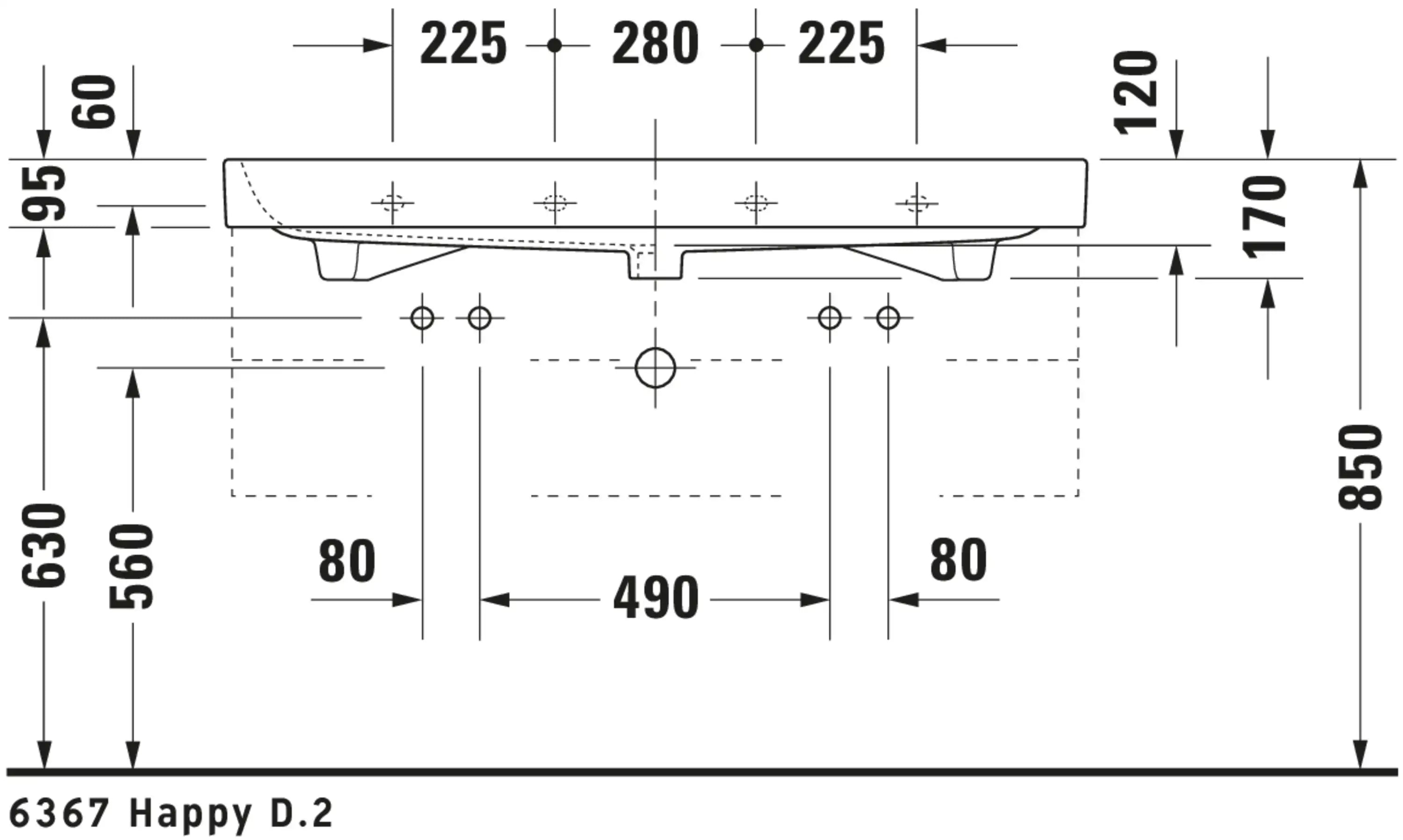 Duravit Happy D.2 47 1/4'' Rectangular Wall Mounted Sink in White with Two Sets of Single Faucet Holes and with Overflow