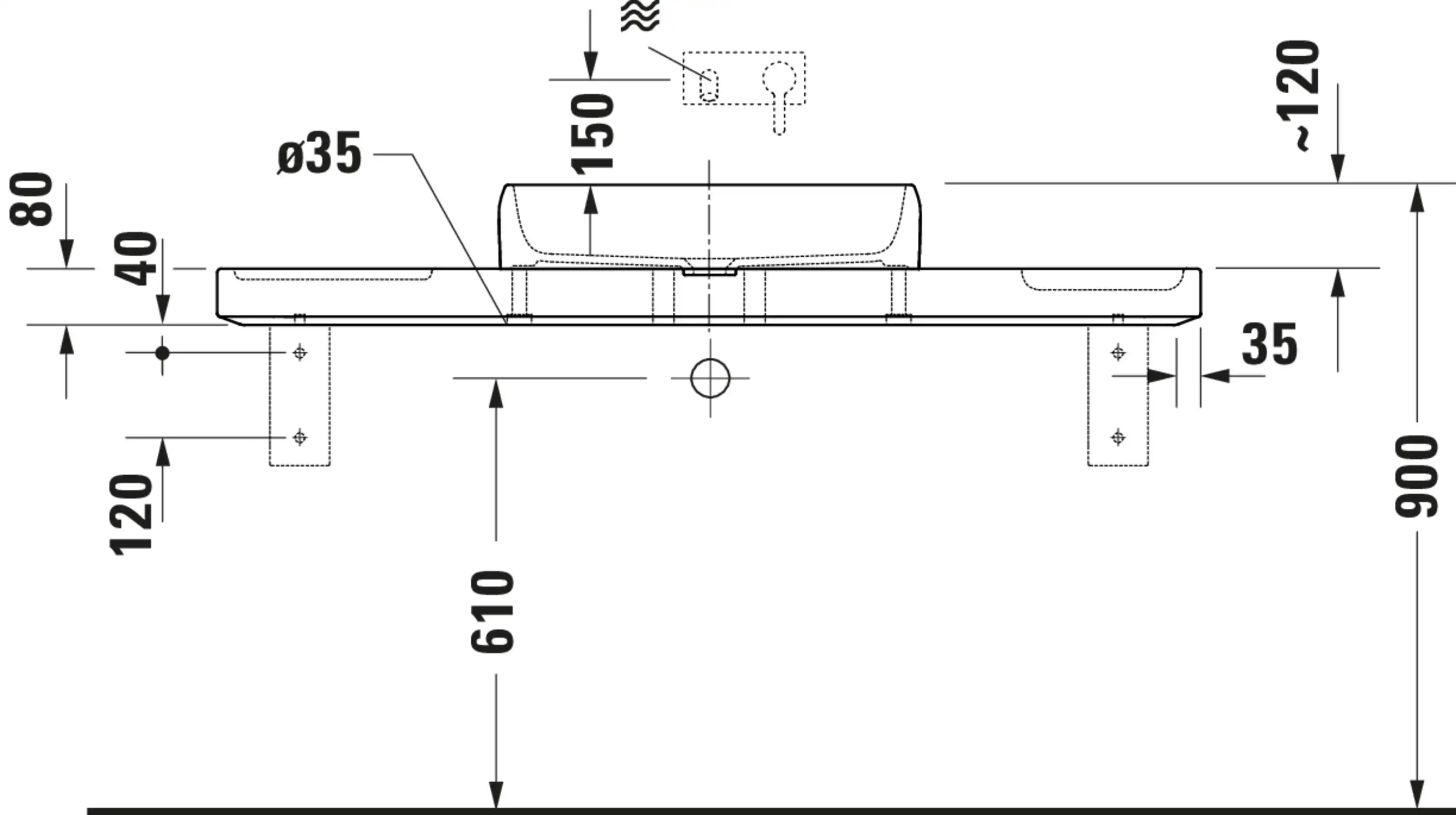 Duravit Qatego 55 1/8'' Console Sink in White and Gray Travertine, with Overflow, Support Brackets Included