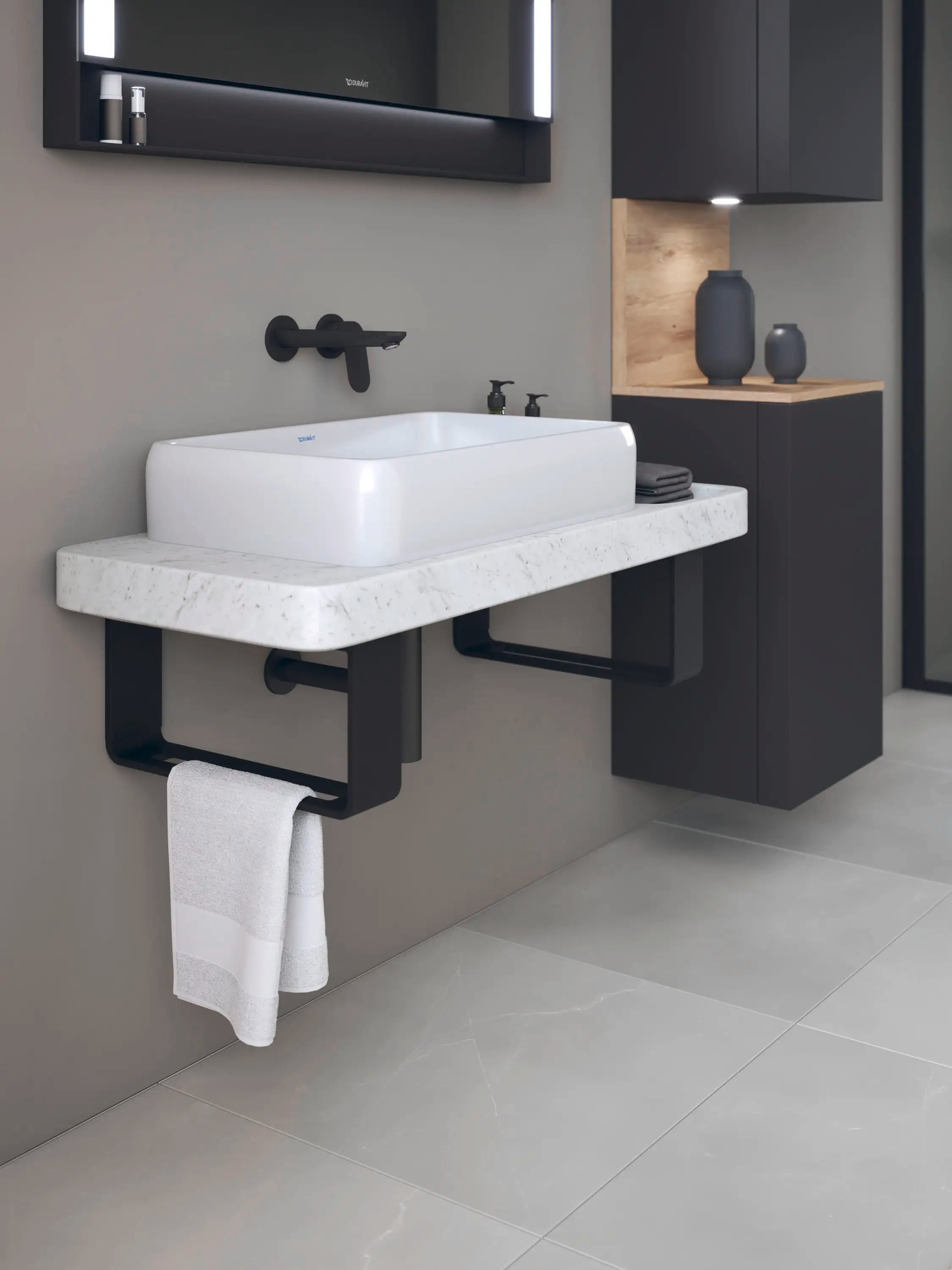 Duravit Qatego 39 3/8'' Console Sink in White and Cararra Marble, with Overflow, Support Brackets Included