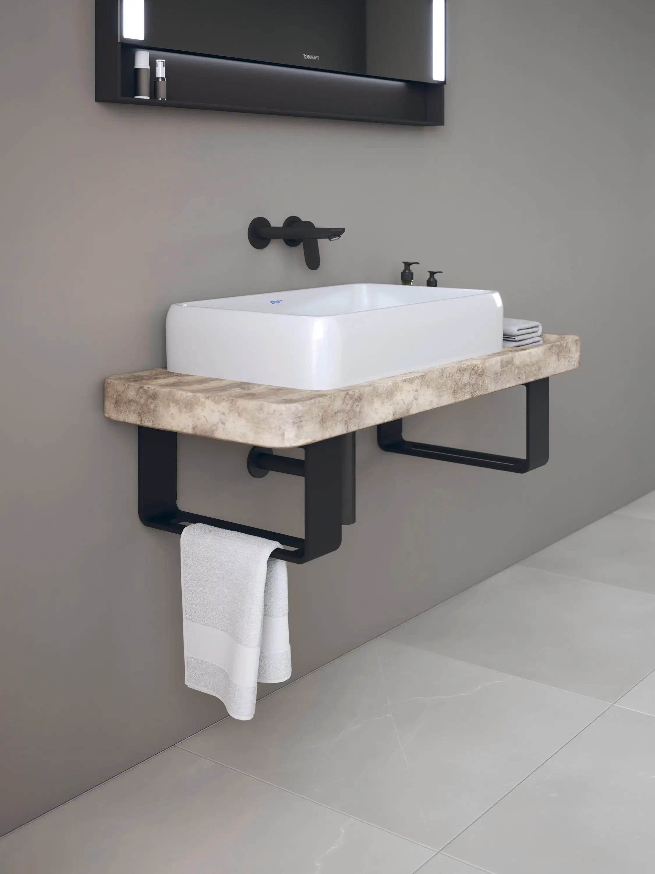 Duravit Qatego 39 3/8'' Console Sink in White and Gray Travertine, with Overflow, Support Brackets Included