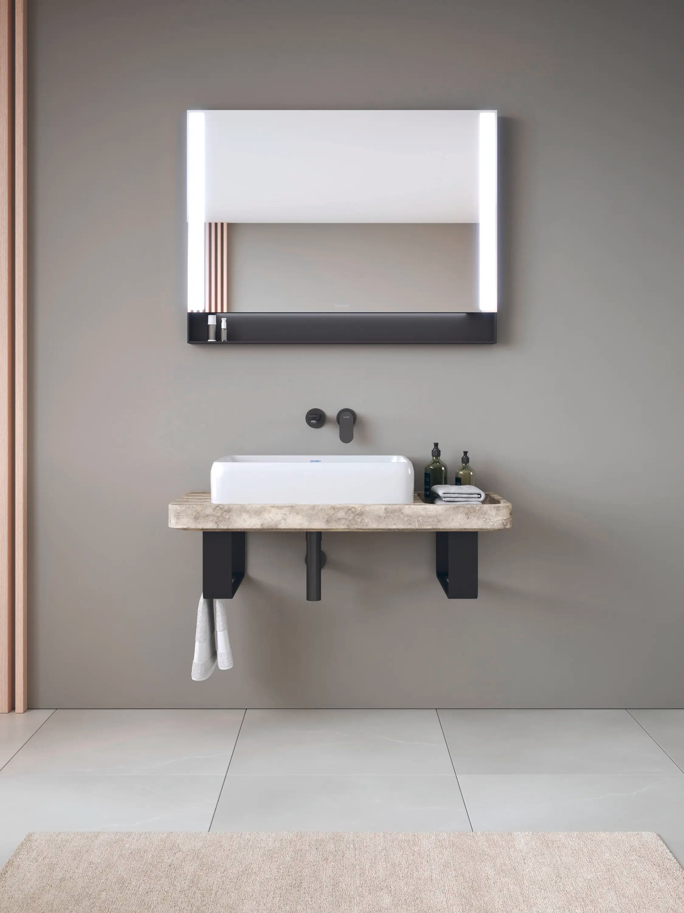 Duravit Qatego 39 3/8'' Console Sink in White and Gray Travertine, with Overflow, Support Brackets Included