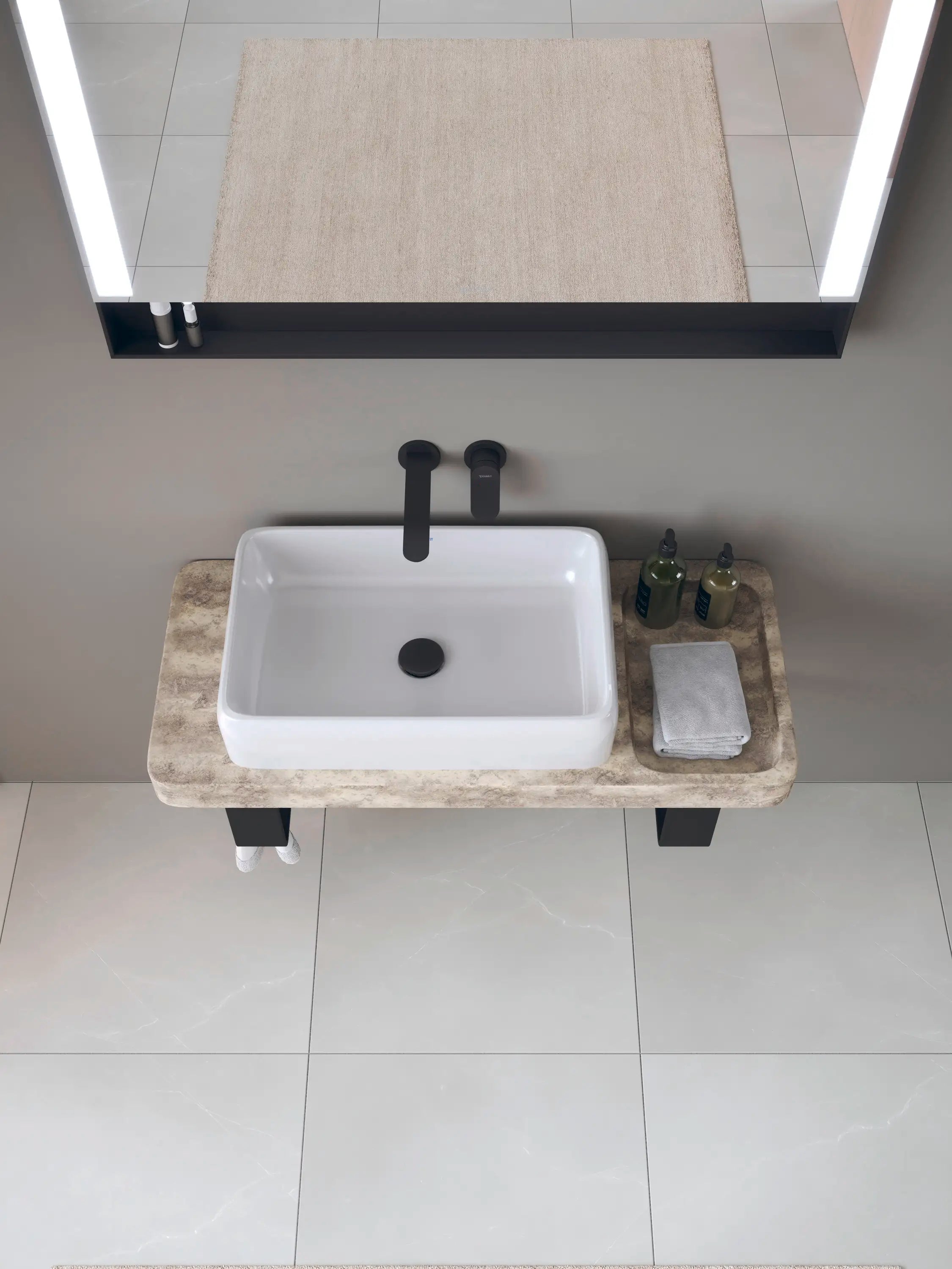 Duravit Qatego 39 3/8'' Console Sink in White and Gray Travertine, with Overflow, Support Brackets Included