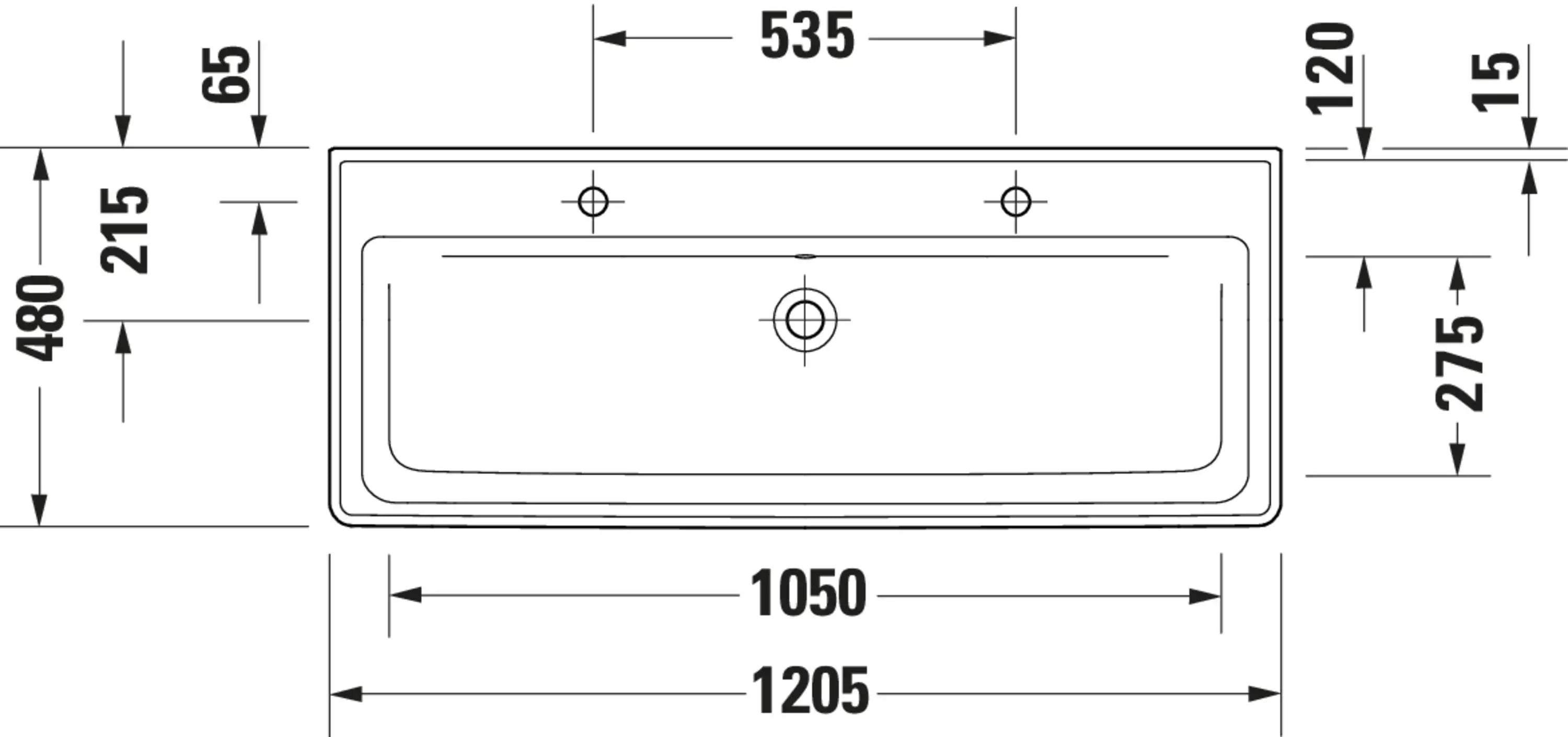 Duravit D-Neo 47 1/2'' Rectangular Wall Mounted Sink in White with Two Sets of Single Faucet Holes and with Overflow