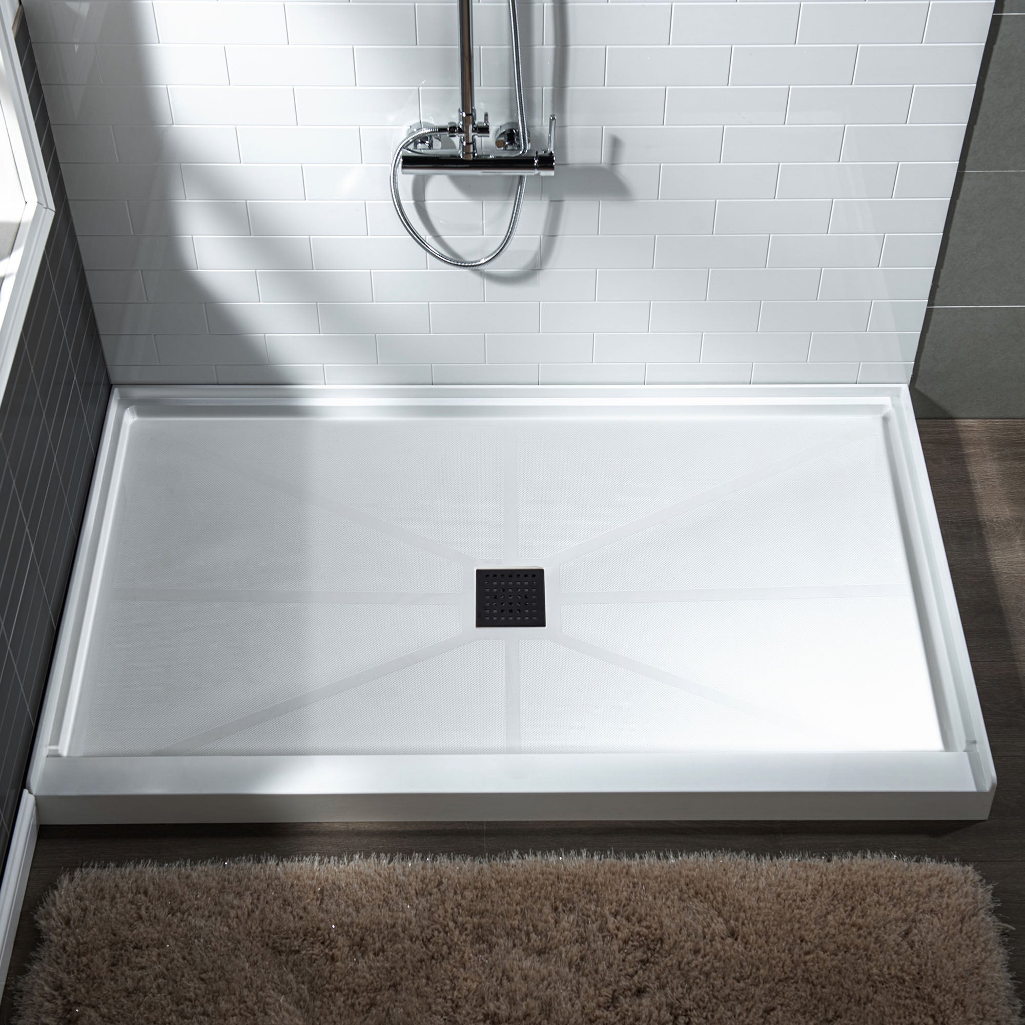 WOODBRIDGE SBR6036-1000C-MB SolidSurface Shower Base with Recessed Trench Side Including Matte Black Linear Cover, 60" L x 36" W x 4" H,Center Drain White Color