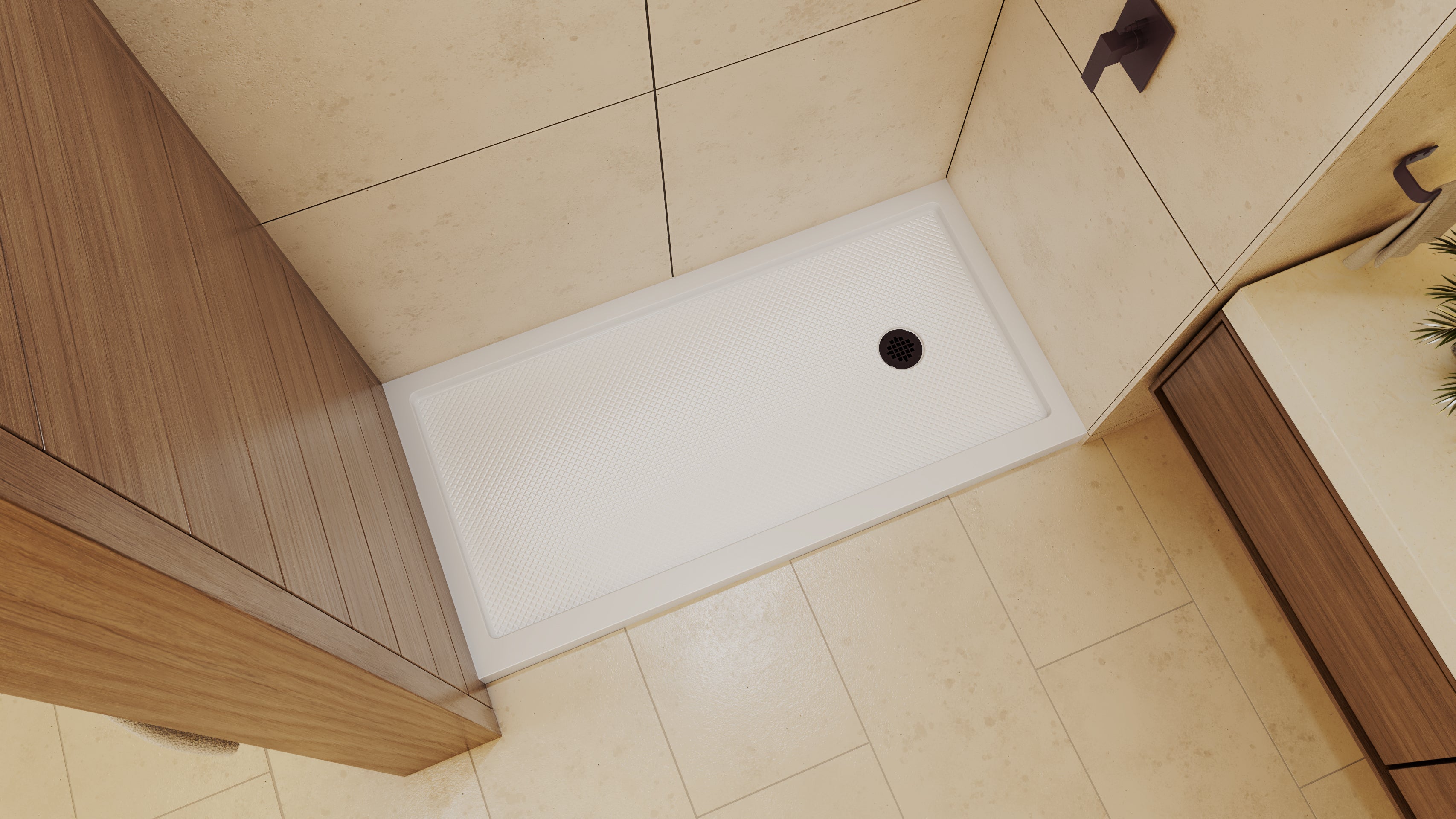 DreamLine SlimLine 36" D x 60" W x 2 3/4" H Alcove Shower Base & 2" Brushed Brass RH Round Drain
