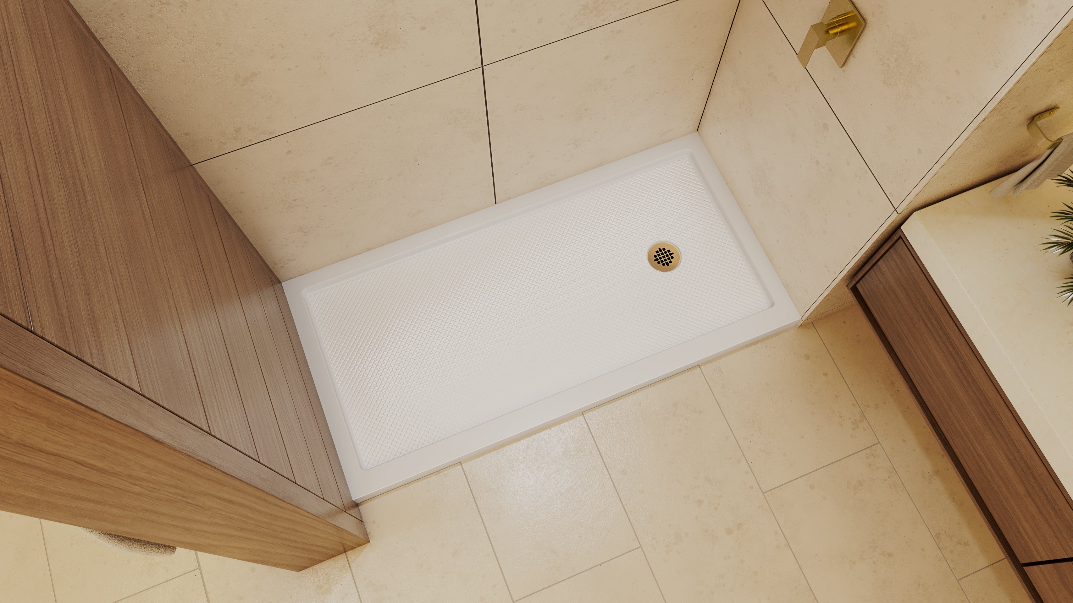 DreamLine SlimLine 36" D x 60" W x 2 3/4" H Alcove Shower Base & 2" Brushed Brass RH Round Drain