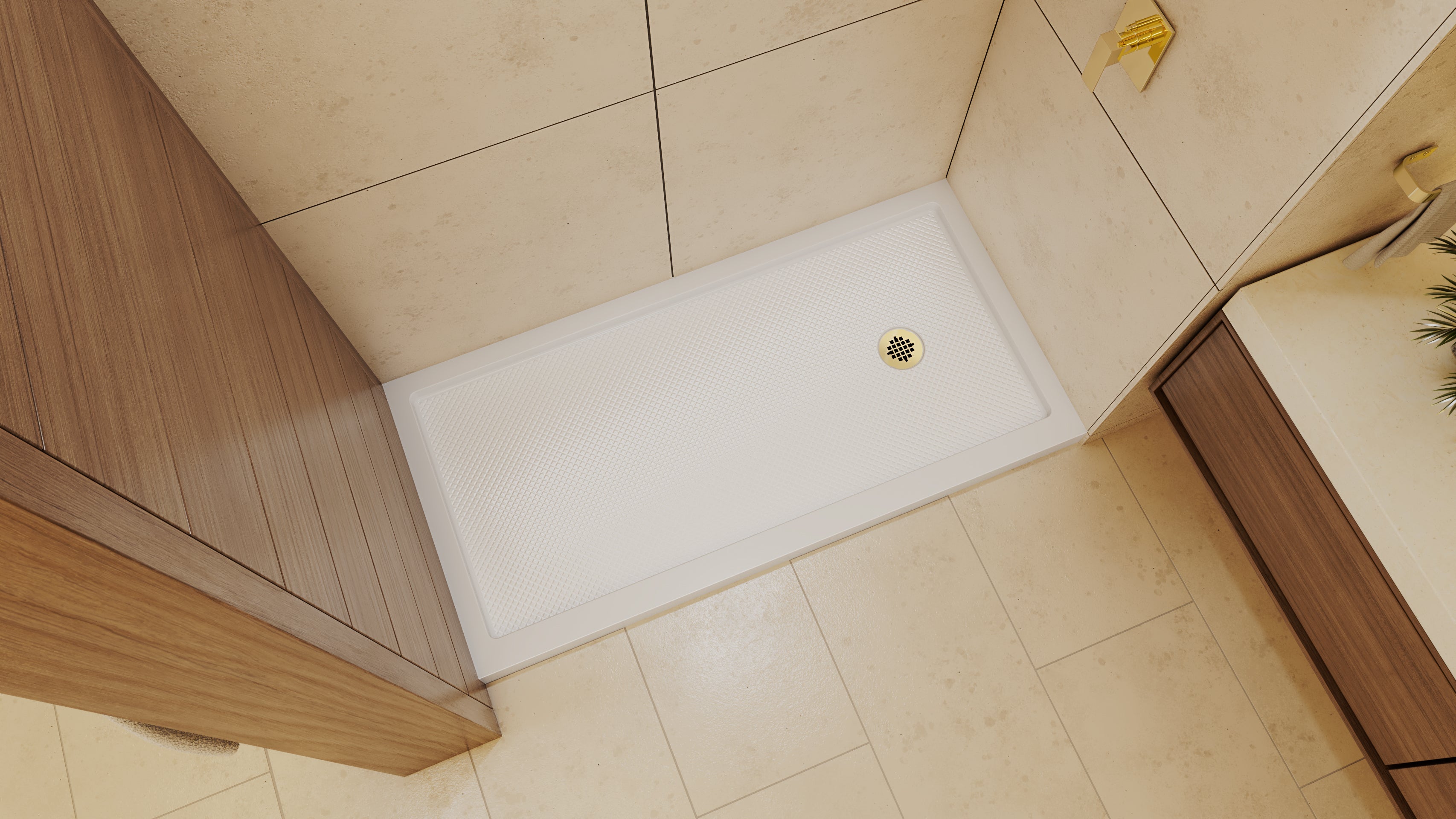 DreamLine SlimLine 36" D x 60" W x 2 3/4" H Alcove Shower Base & 2" Brushed Brass RH Round Drain