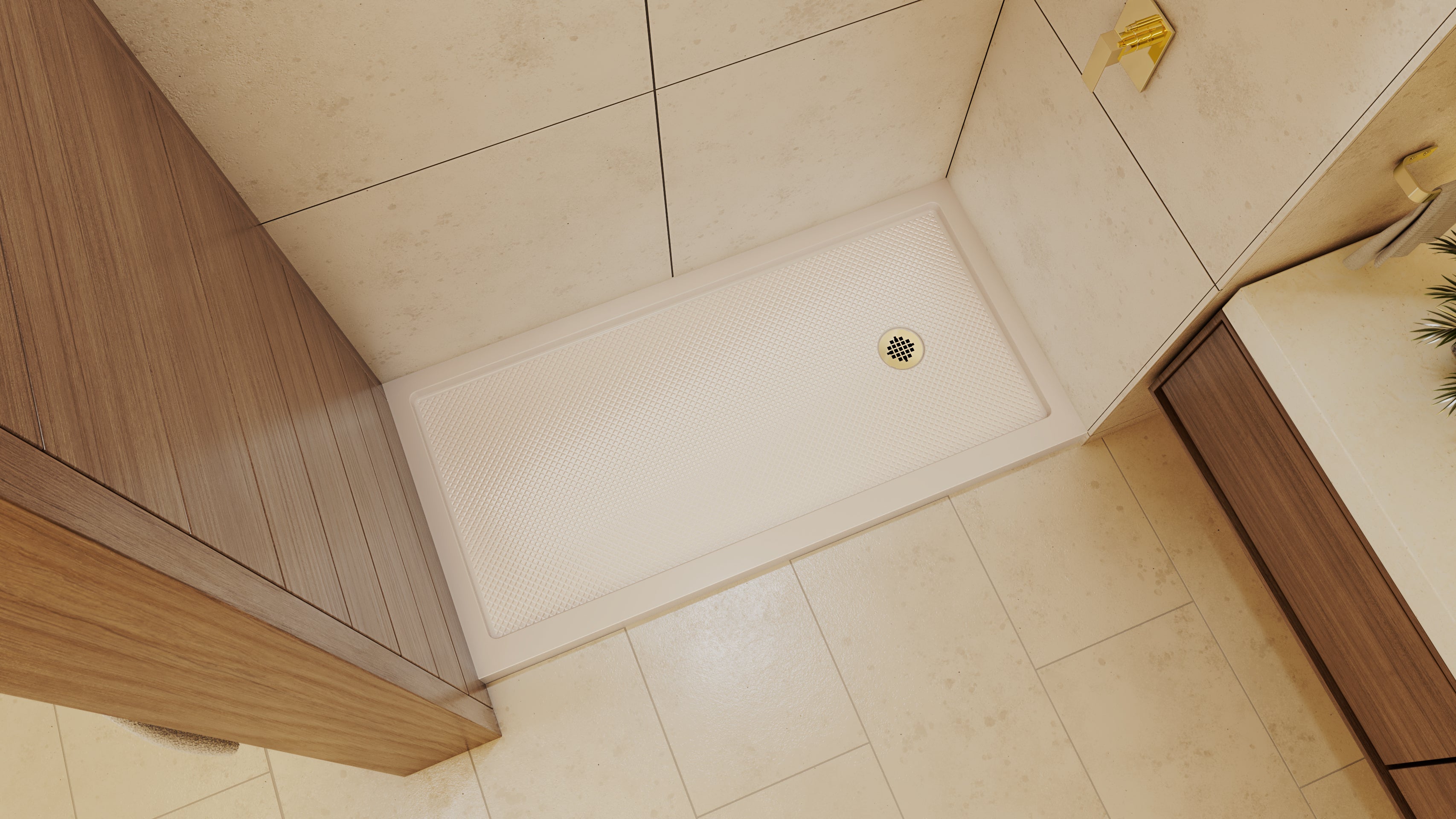 DreamLine SlimLine 36" D x 60" W x 2 3/4" H Alcove Shower Base & 2" Brushed Brass RH Round Drain