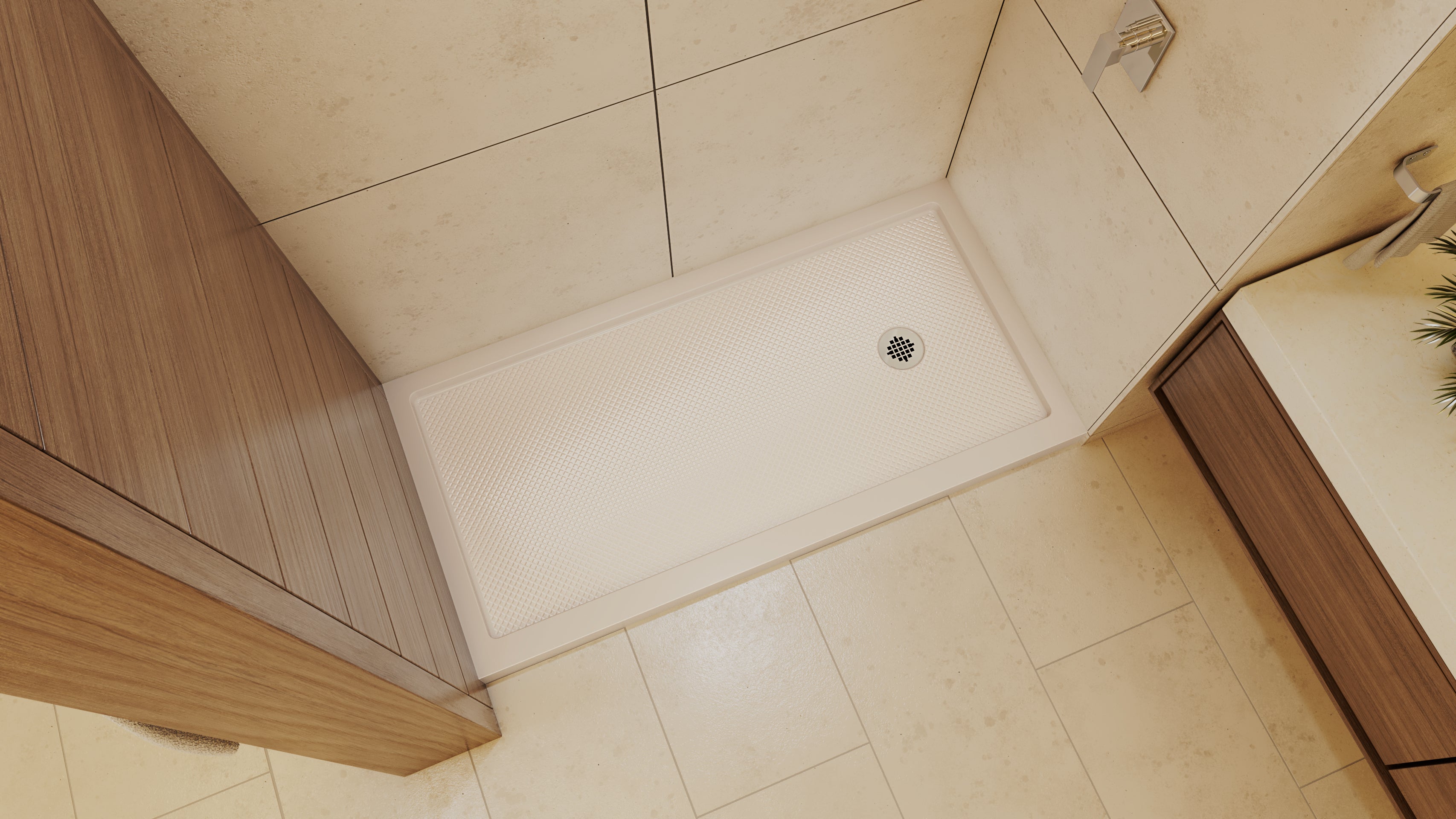 DreamLine SlimLine 36" D x 60" W x 2 3/4" H Alcove Shower Base & 2" Brushed Brass RH Round Drain