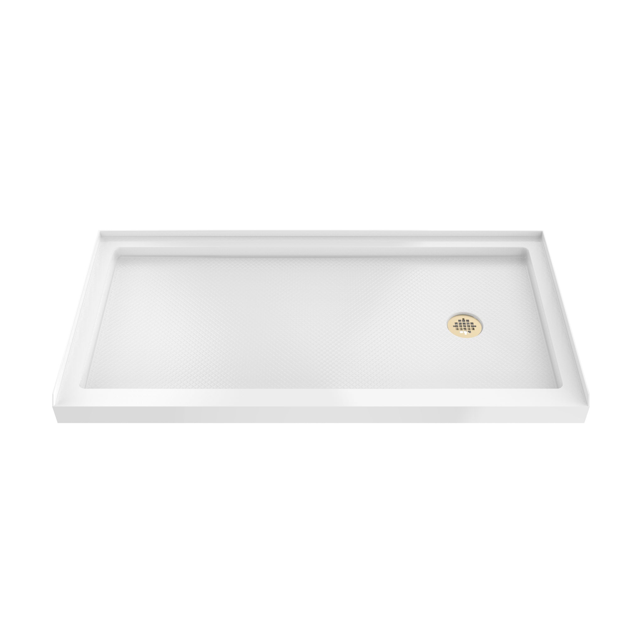 DreamLine SlimLine 36" D x 60" W x 2 3/4" H Alcove Shower Base & 2" Brushed Brass RH Round Drain