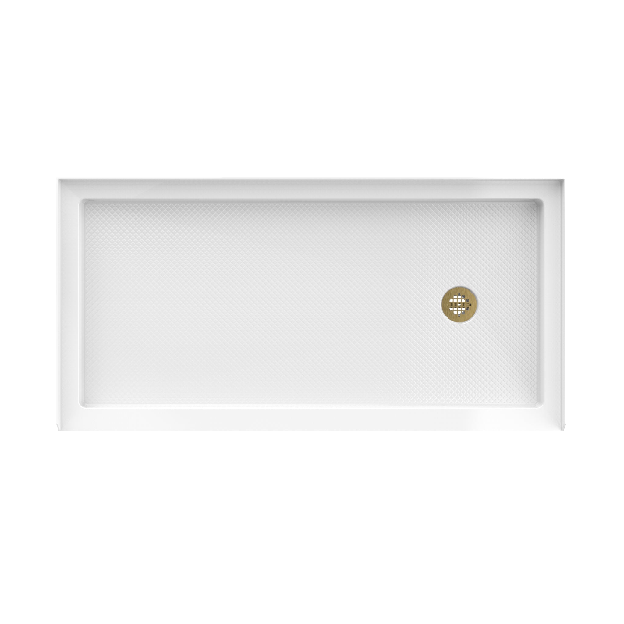 DreamLine SlimLine 36" D x 60" W x 2 3/4" H Alcove Shower Base & 2" Brushed Brass RH Round Drain