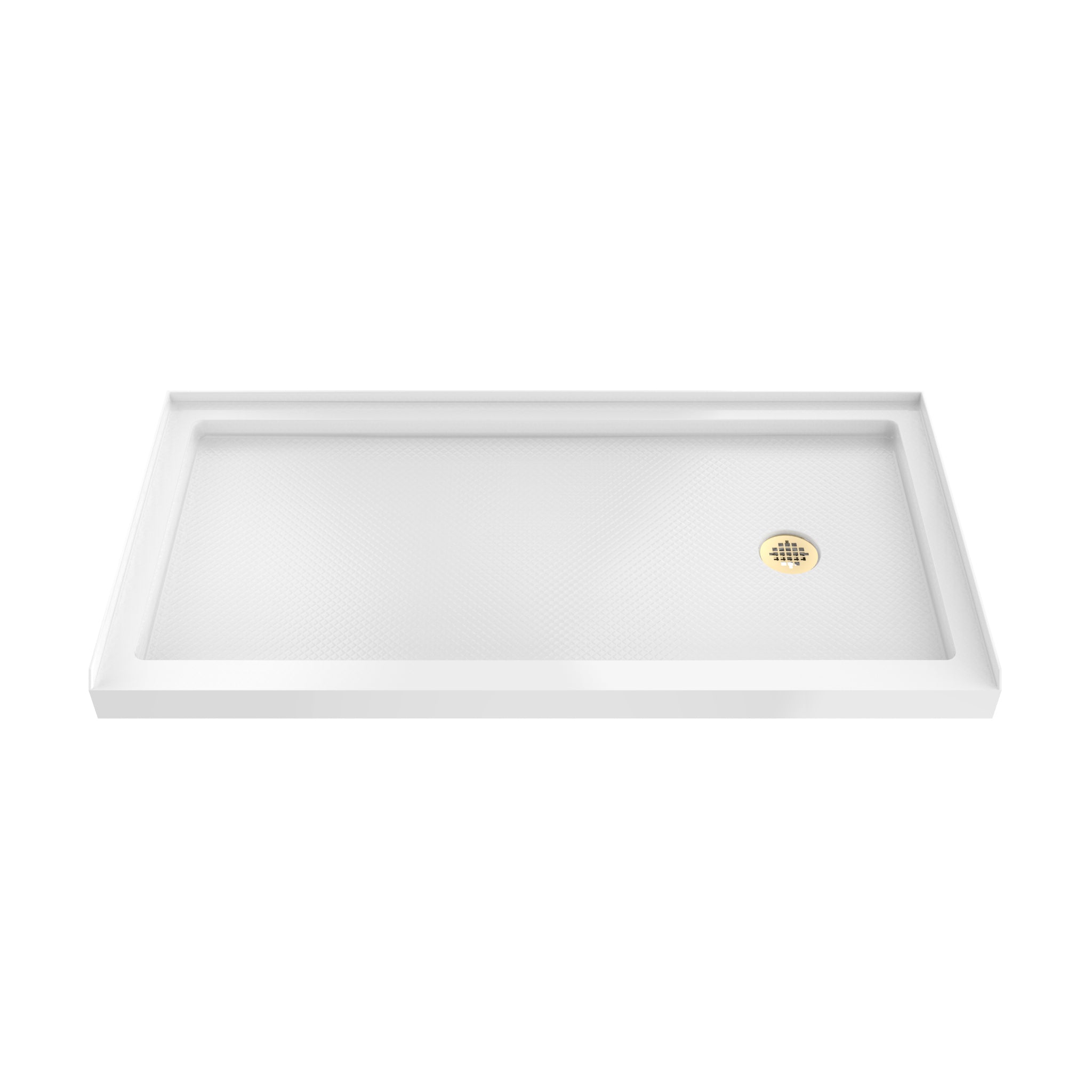 DreamLine SlimLine 36" D x 60" W x 2 3/4" H Alcove Shower Base & 2" Brushed Brass RH Round Drain
