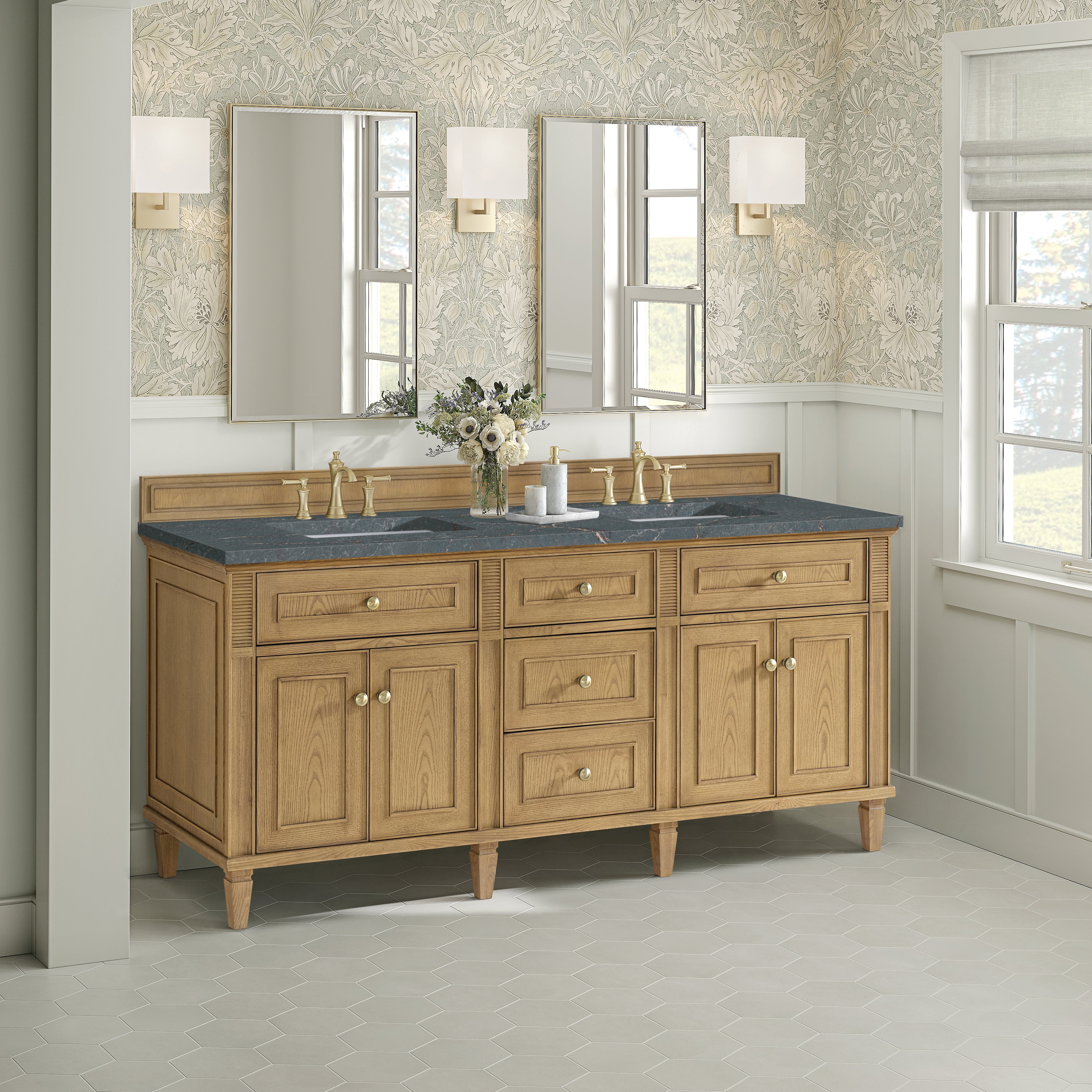 James Martin Lorelai 72" Double Vanity in Light Natural Oak with 3cm Countertop and FreePower Wireless Charger