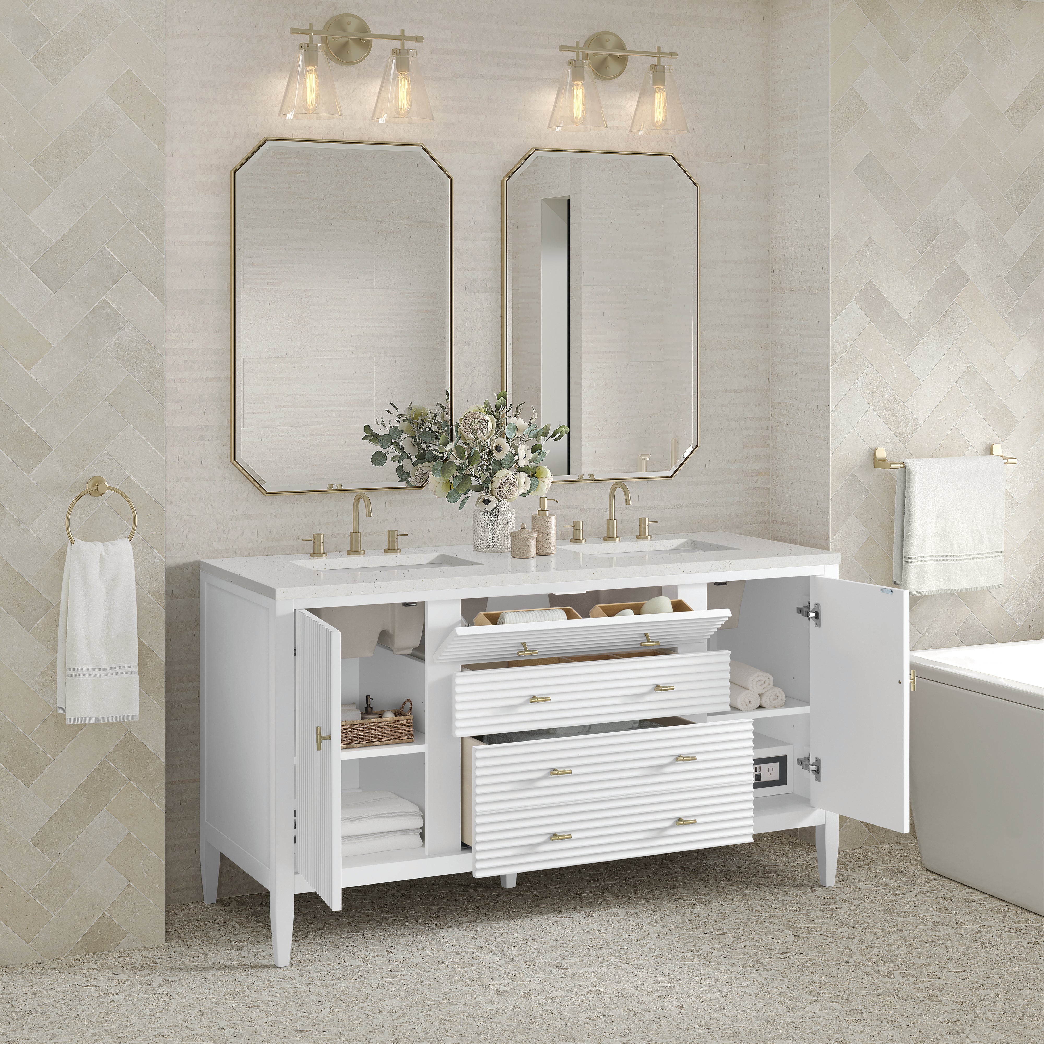 James Martin Myrrin 60" Double Vanity in Bright White with 3cm Countertop