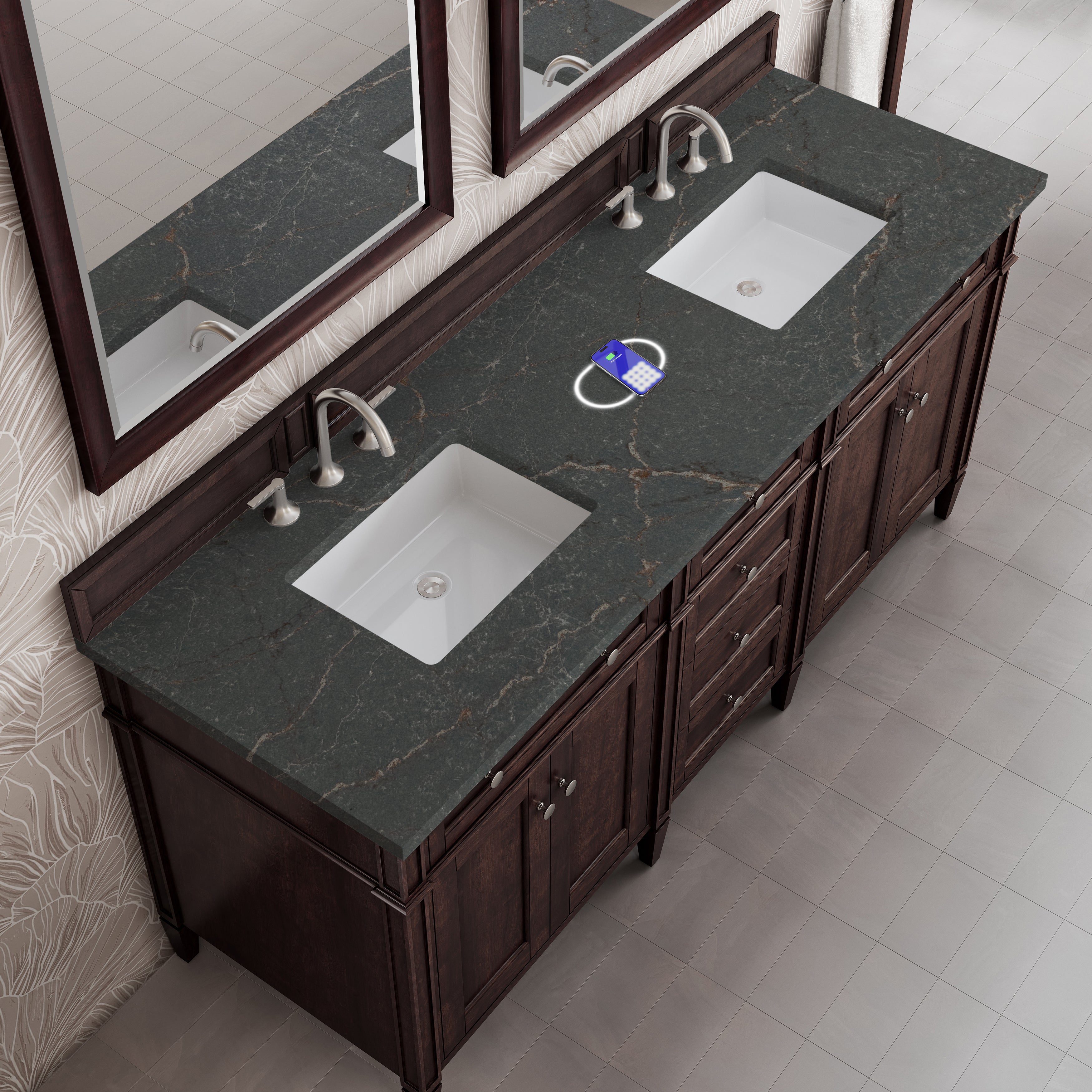 James Martin Brittany 72" Double Vanity in Burnished Mahogany with 3cm Countertop and FreePower Wireless Charger