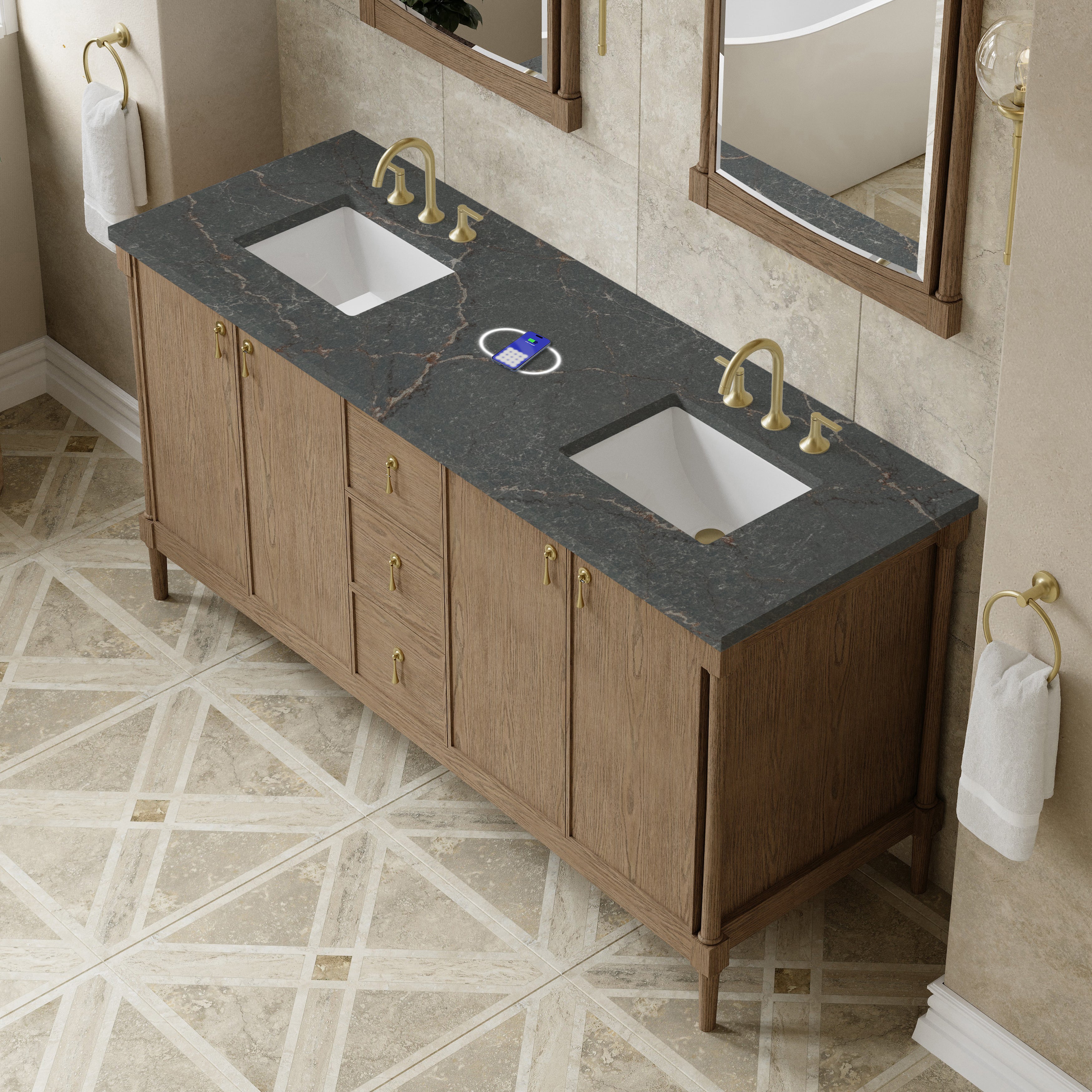 James Martin Kinnsden 72" Double Vanity in Weathered Oak with 3cm Carrara Marble Top and FreePower Wireless Charger