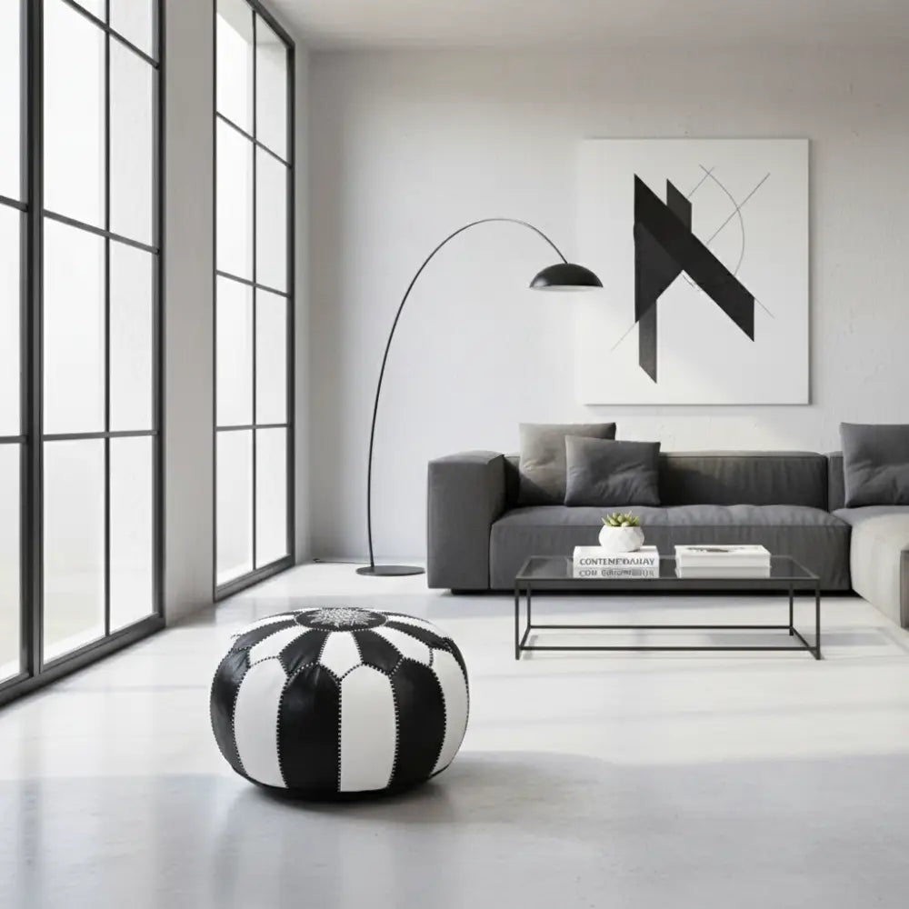 Dual Color Moroccan Leather Ottoman - Traditional Design - Black and White