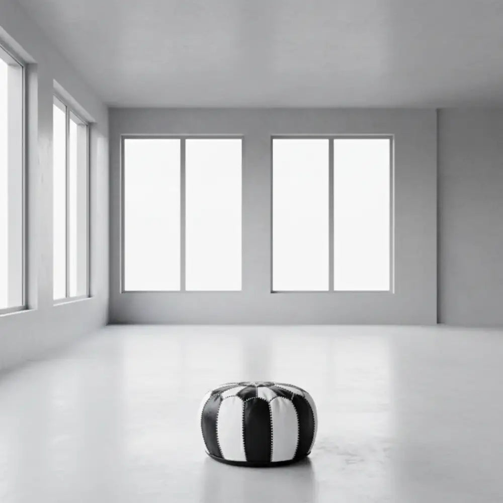 Dual Color Moroccan Leather Ottoman - Traditional Design - Black and White