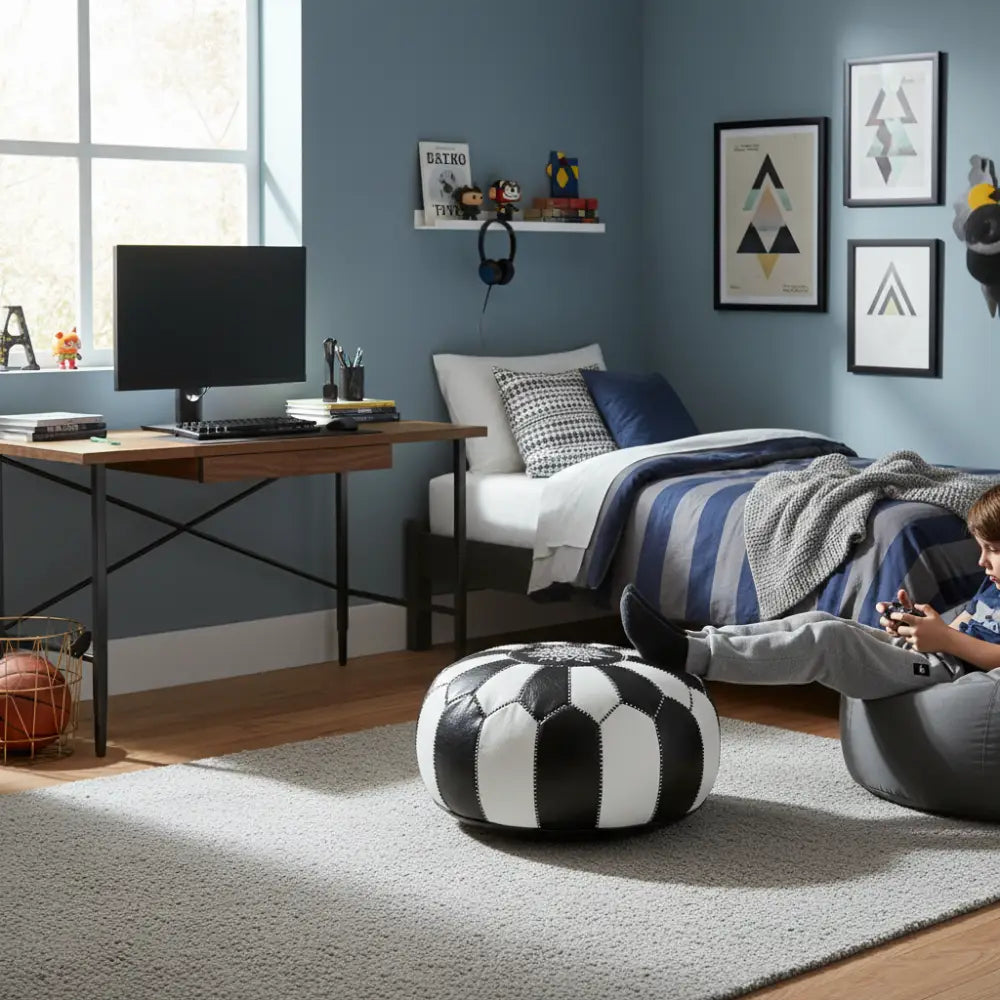 Dual Color Moroccan Leather Ottoman - Traditional Design - Black and White