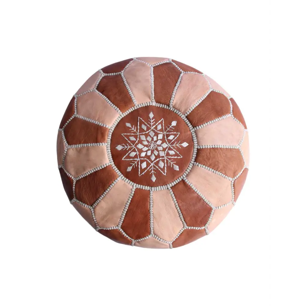 Dual Color Moroccan Leather Ottoman - Traditional Design -  Natural and Caramel