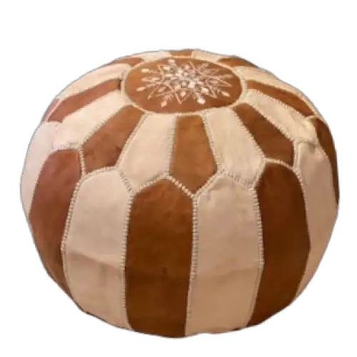 Dual Color Moroccan Leather Ottoman - Traditional Design -  Natural and Caramel