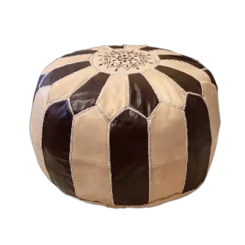Dual Color Moroccan Leather Ottoman - Traditional Design - Natural and Brown