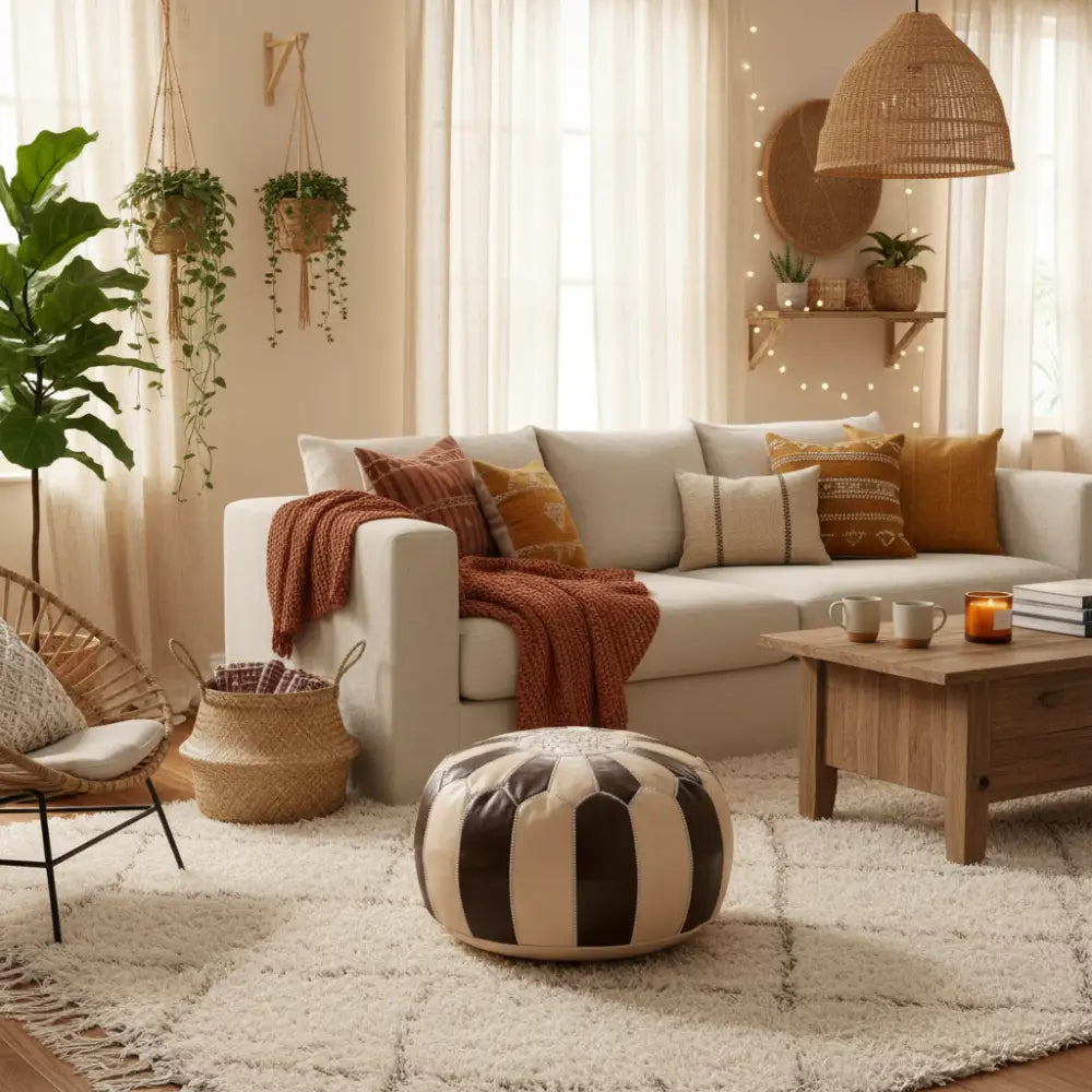 Dual Color Moroccan Leather Ottoman - Traditional Design - Natural and Brown