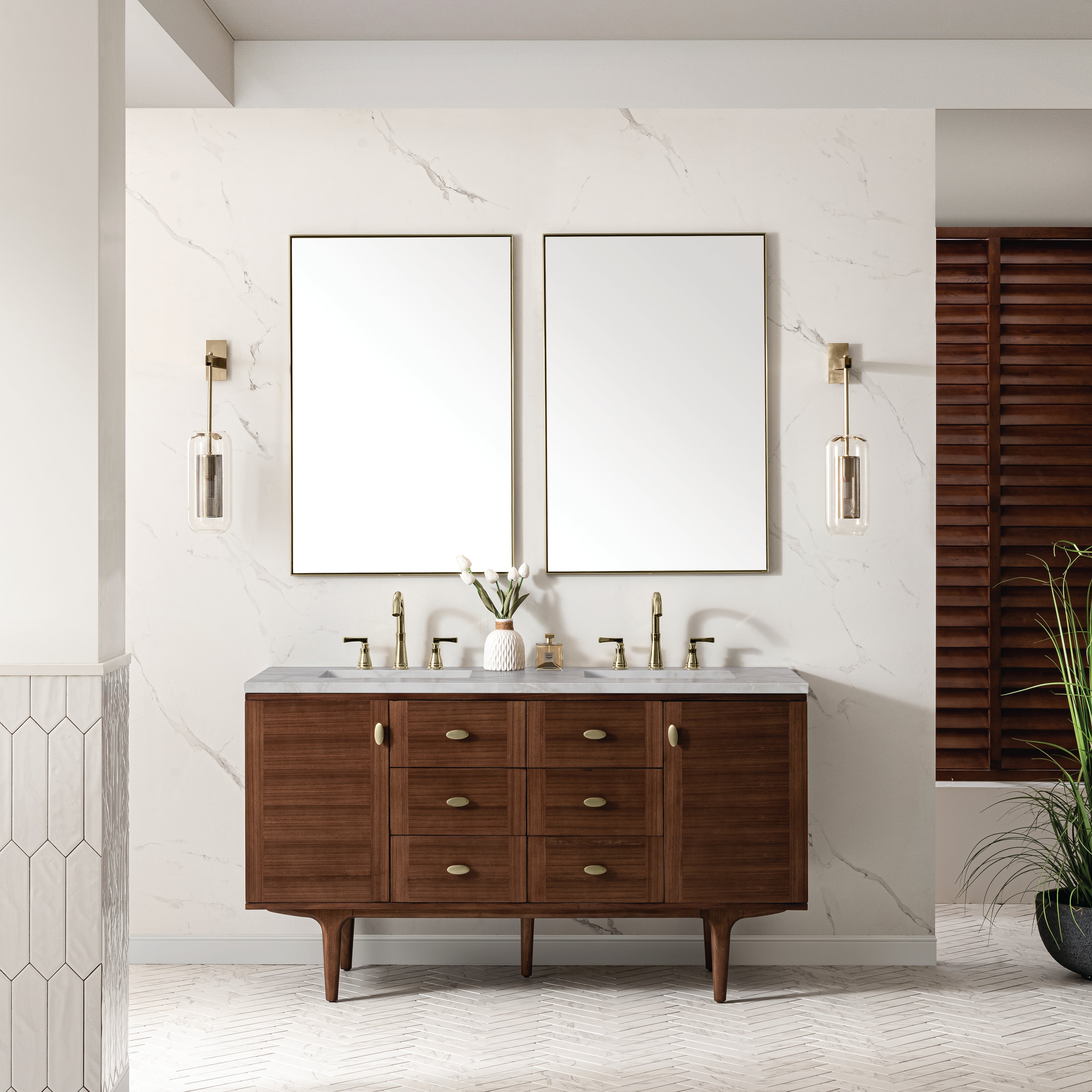 James Martin Amberly 60" Double Vanity in Mid-Century Walnut with 3cm Countertop