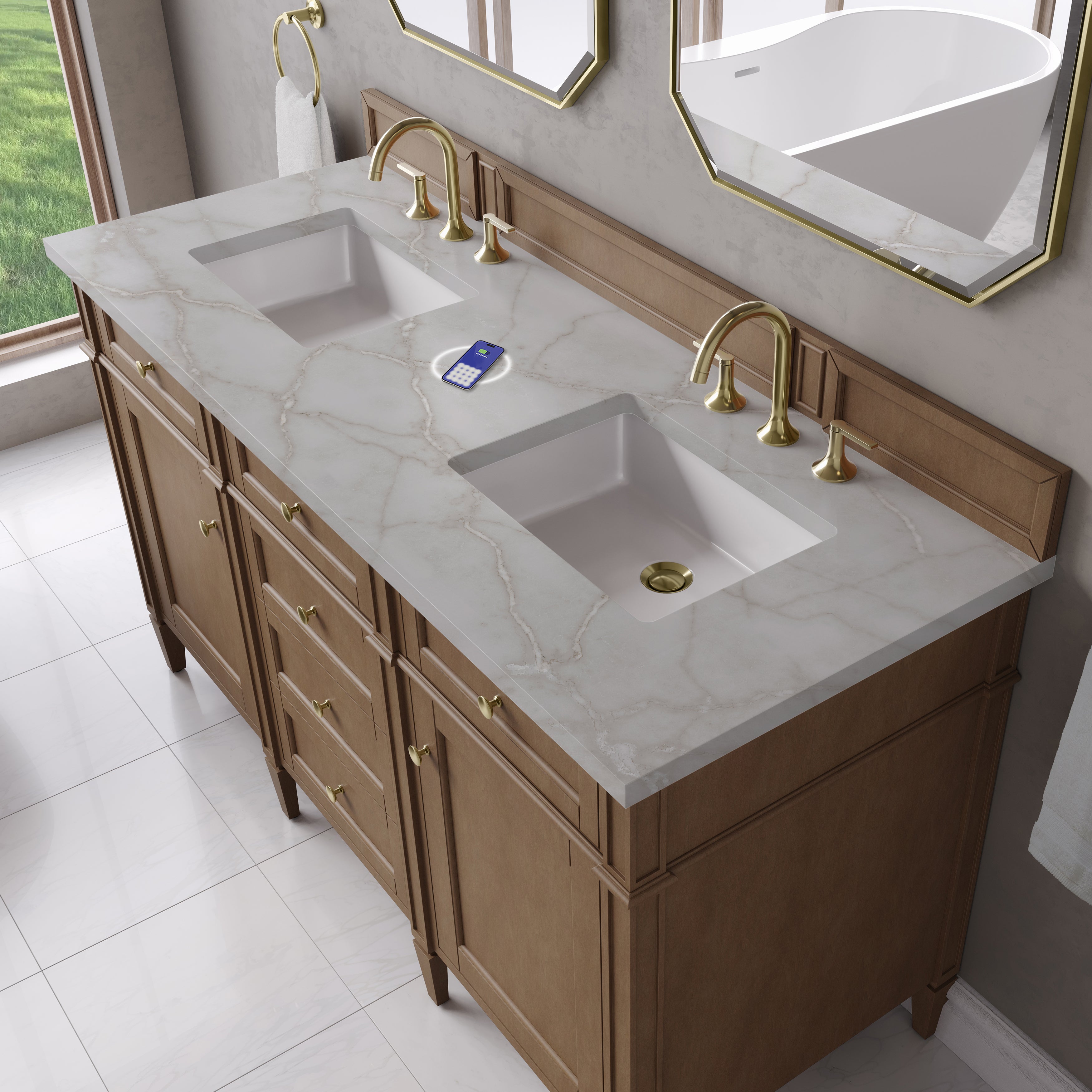 James Martin Brittany 60" Double Vanity in Pecan with 3cm Countertop and FreePower Wireless Charger