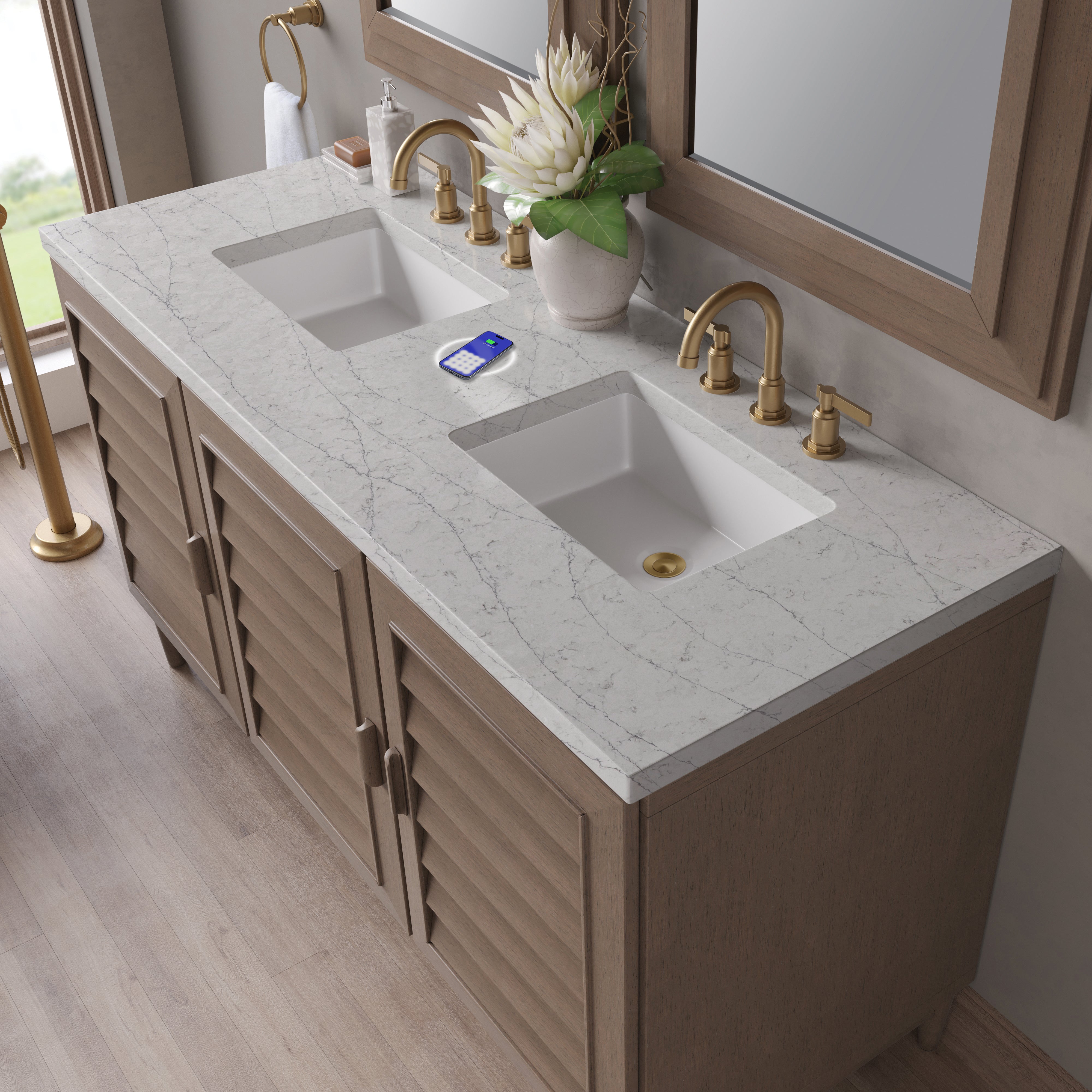 James Martin Portland 60" Double Vanity in Whitewashed Walnut with 3cm Countertop and FreePower Wireless Charger