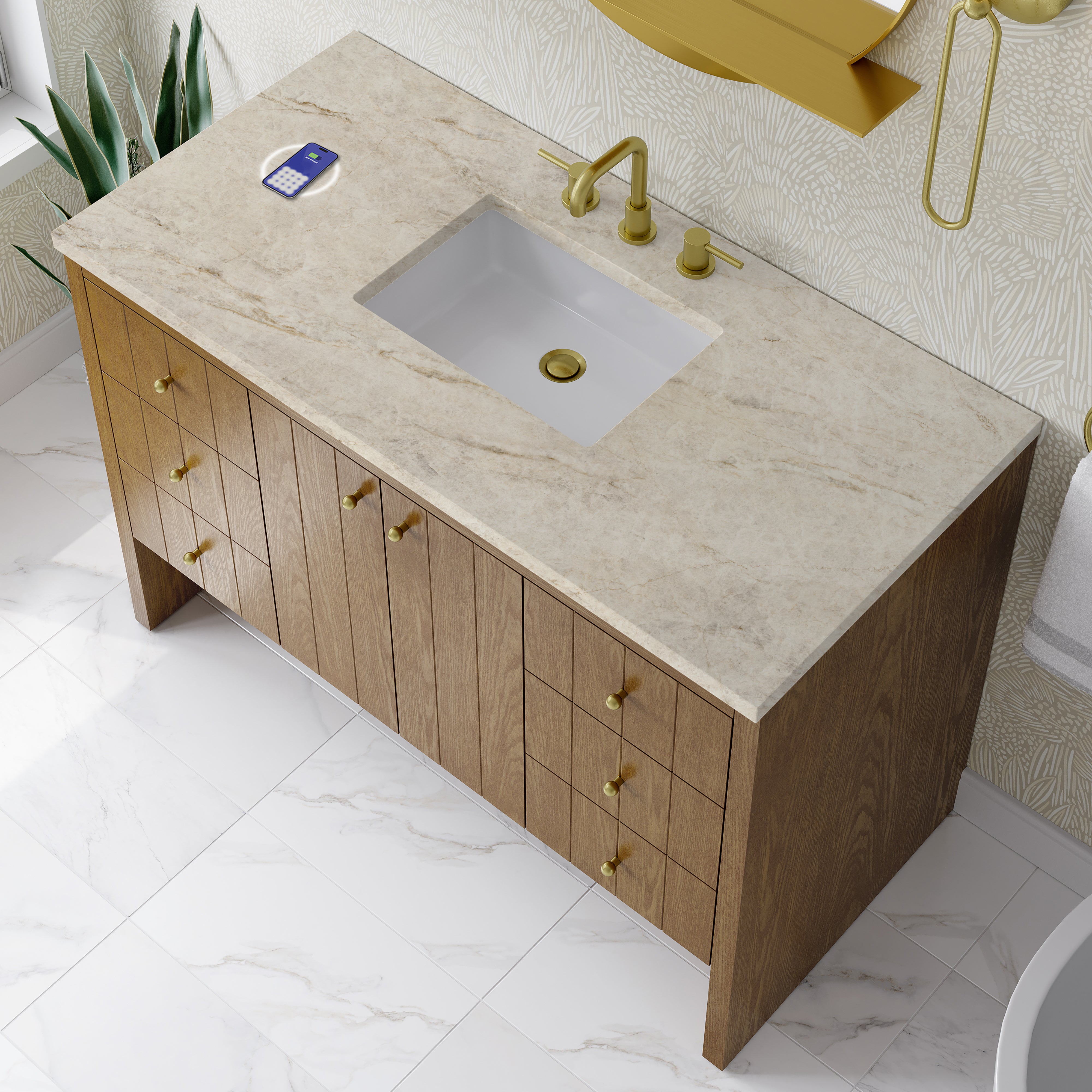 James Martin Hudson 48" Single Vanity in Honey Oak with 3cm Countertop and FreePower Wireless Charger