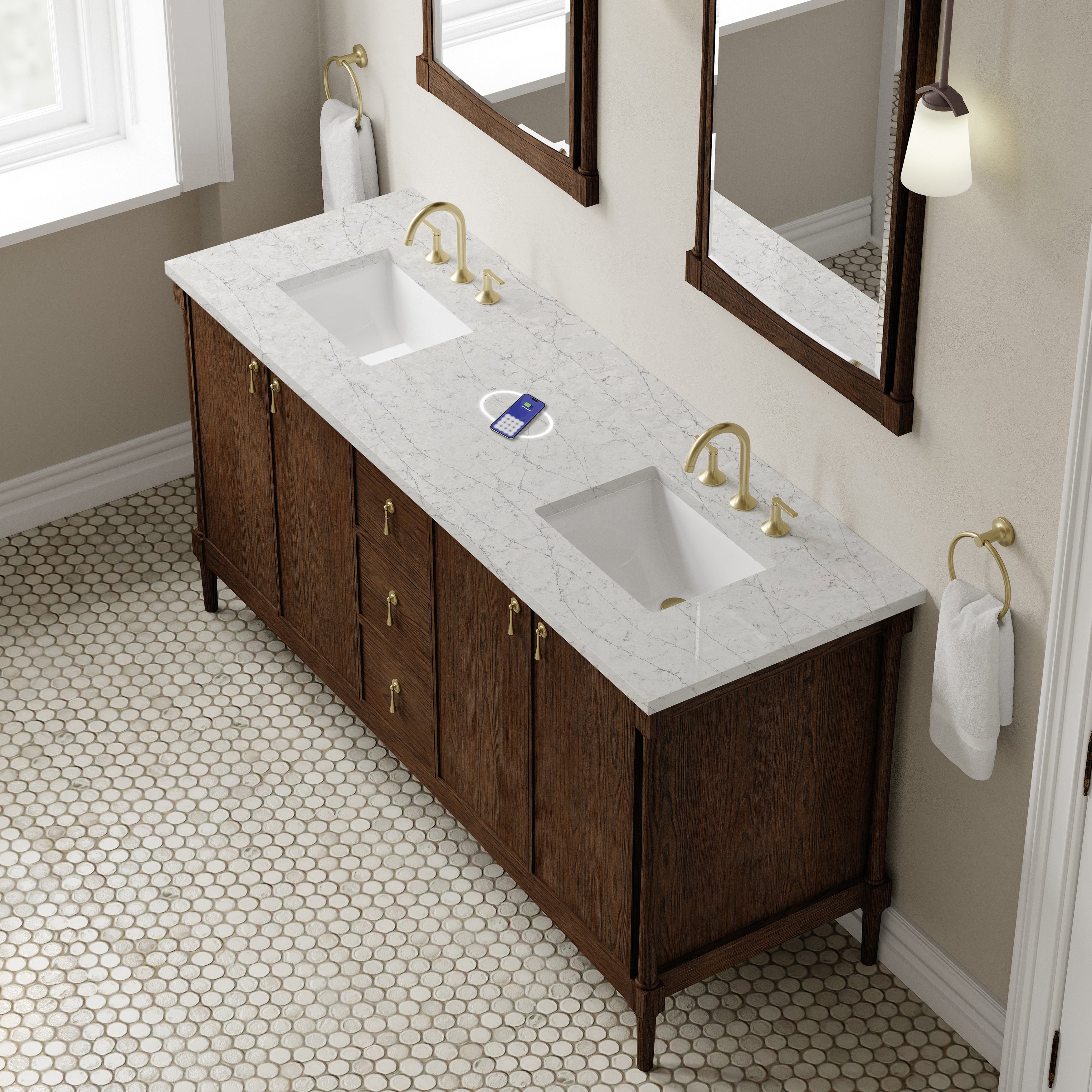 James Martin Kinnsden 72" Double Vanity in Sable Oak with 3cm Carrara Marble Top and FreePower Wireless Charger