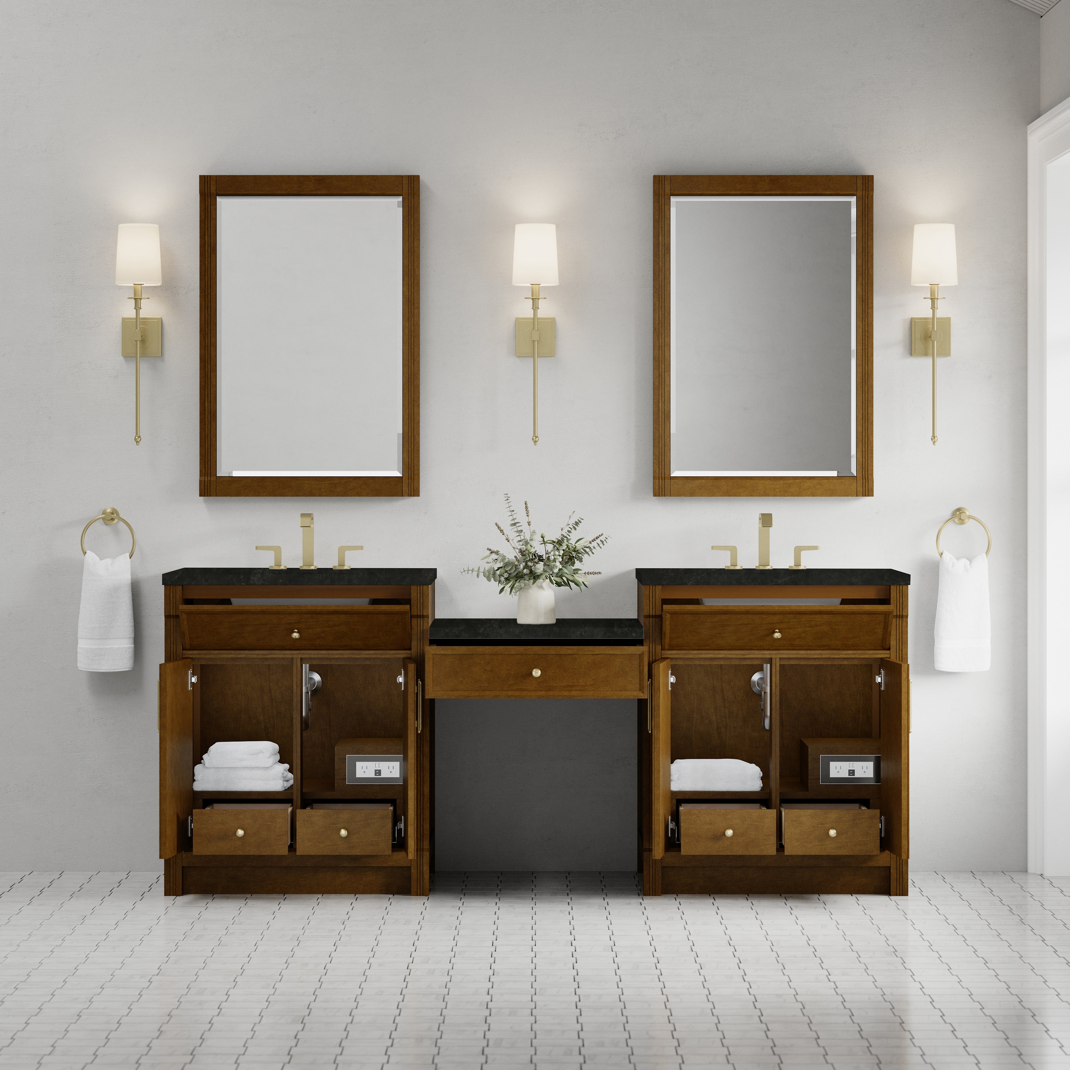 James Martin Bellshire 84" Dual Vanity Set with 24" Make-Up Counter in Honey Oak with 3cm Countertop