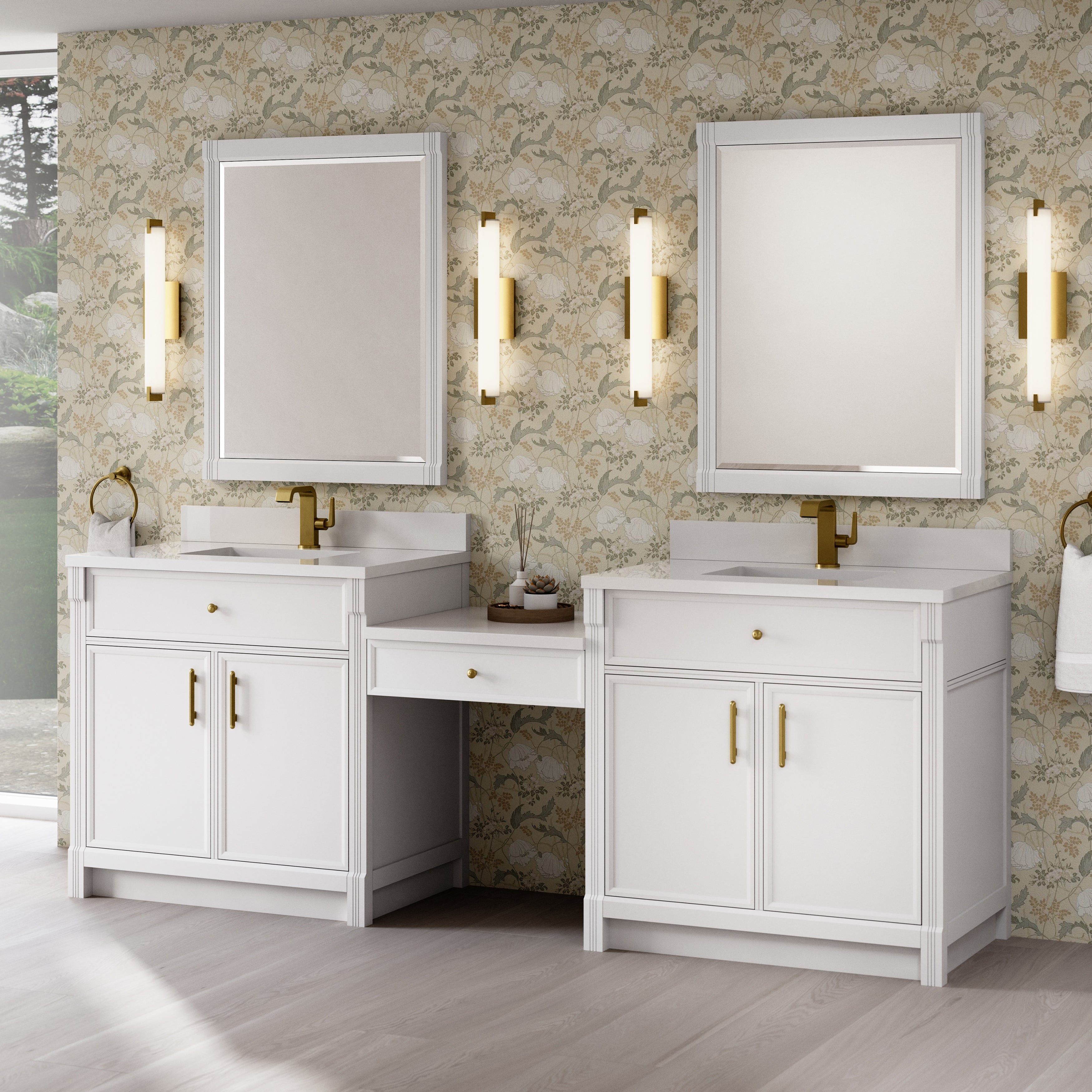 James Martin Bellshire 96" Dual Vanity Set with 24" Make-Up Counter in Bright White with 3cm Countertop