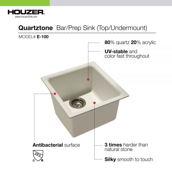 Houzer Quartztone 16" Granite Composite Dual Mount Single Bowl Bar Sink