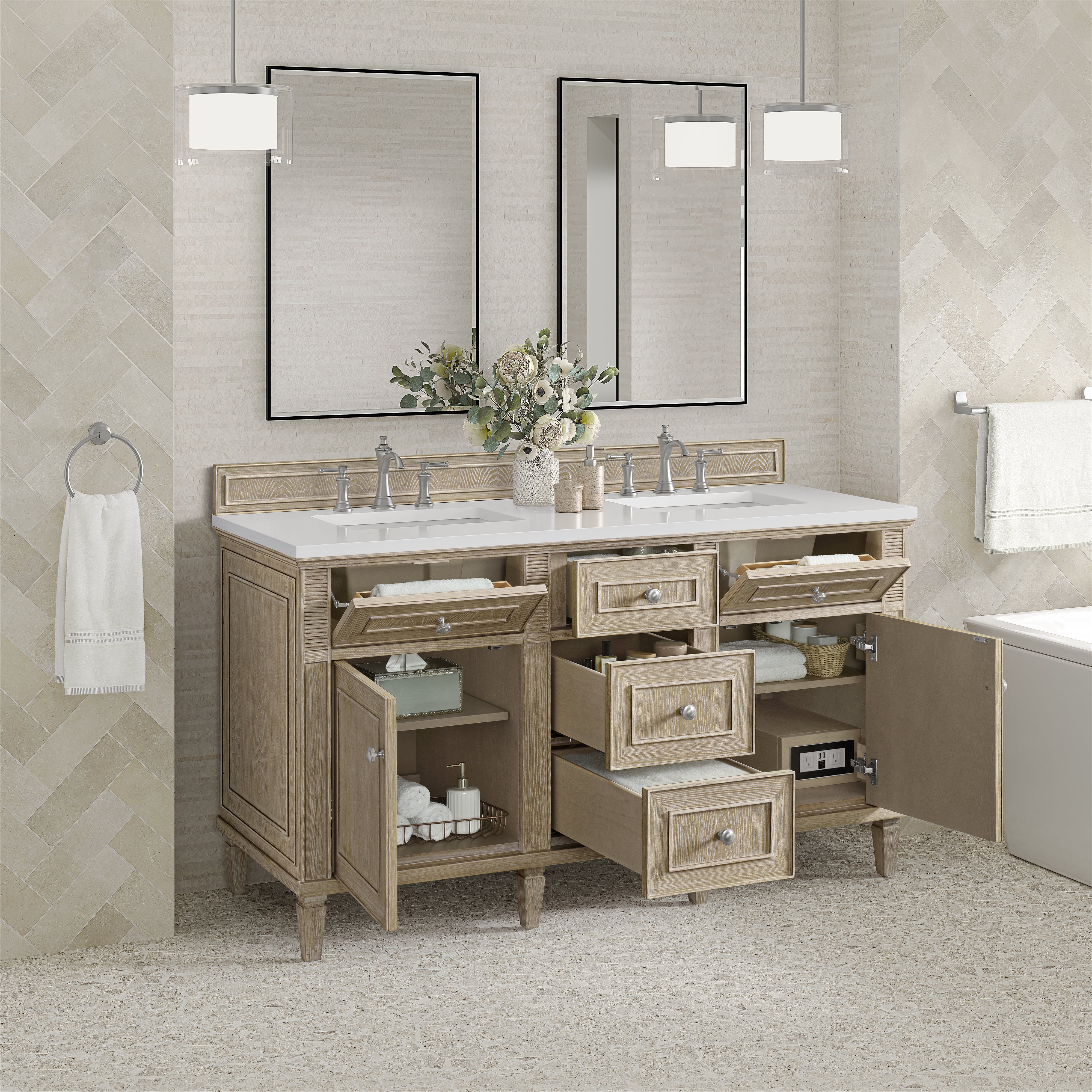 James Martin Lorelai 60" Double Vanity in Whitewashed Oak with 3cm Countertop