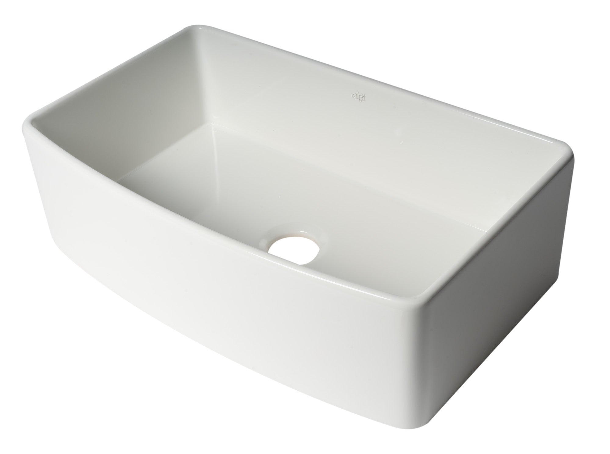 ALFI brand ABFC3320S ABFC3320S-W White Smooth Curved Apron 33" x 20" Single Bowl Fireclay Farm Sink with Grid