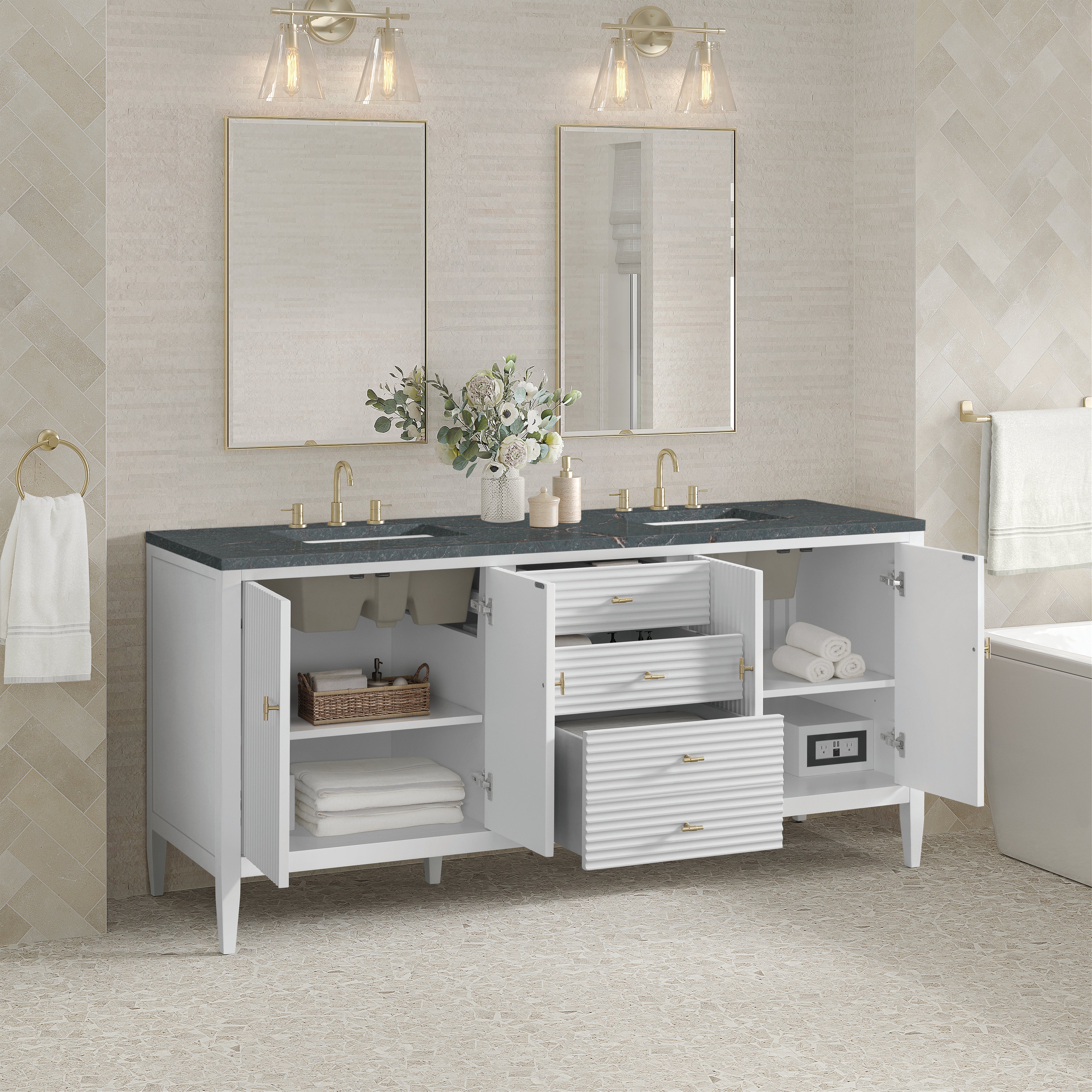 James Martin Myrrin 72" Double Vanity in Bright White with 3cm Countertop