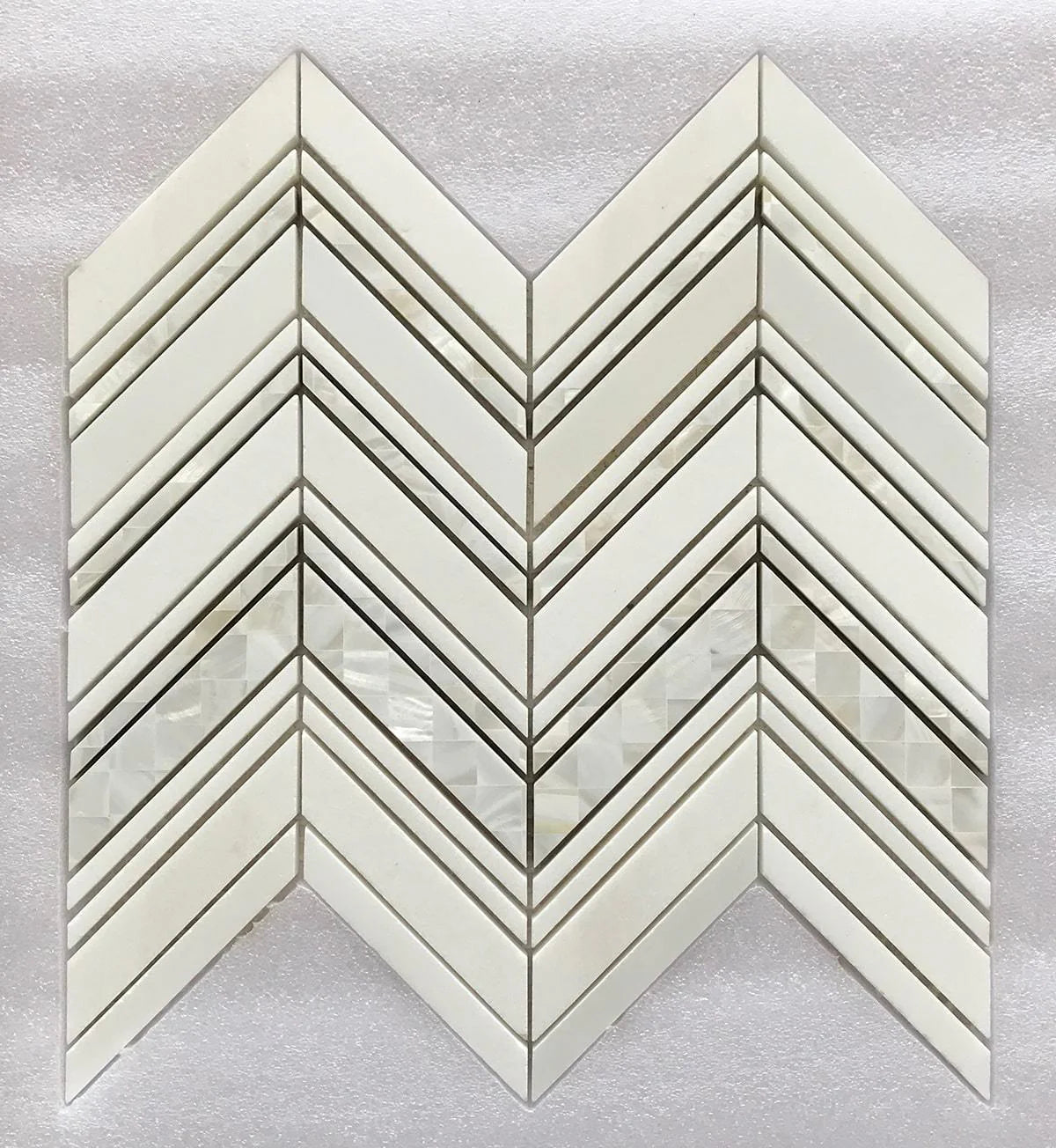 Chevron Waterjet Mosaic Pure White and Mother of Pearl