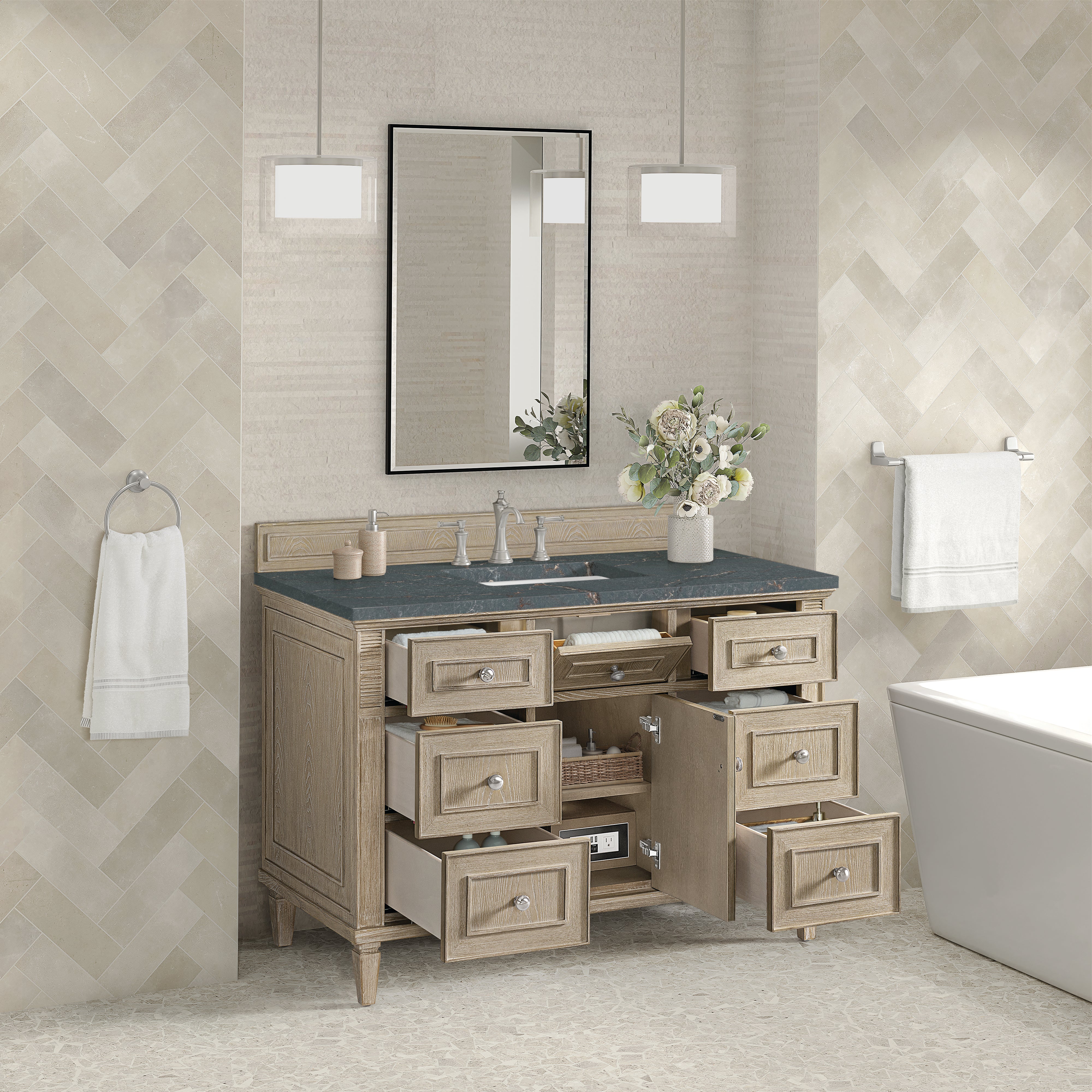 James Martin Lorelai 48" Single Vanity in Whitewashed Oak with 3cm Countertop and FreePower Wireless Charger